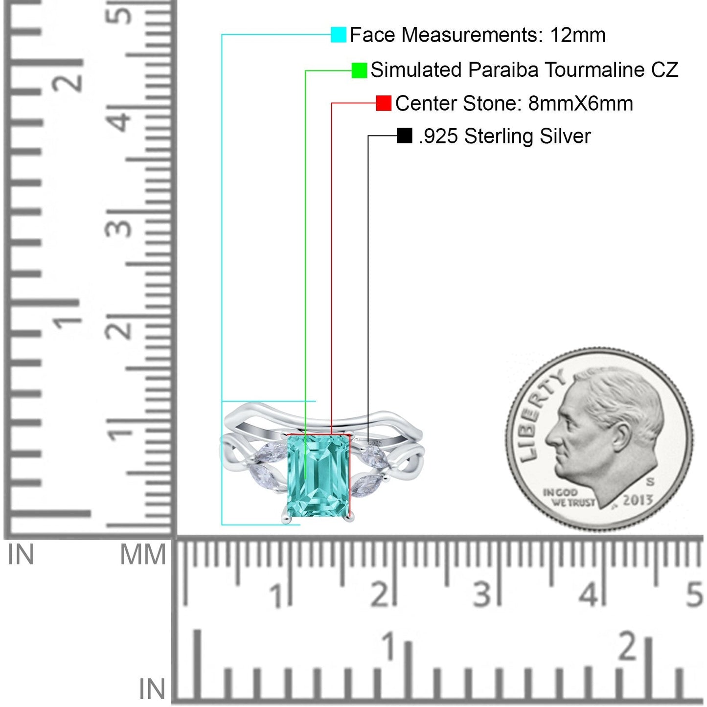 Two Piece Art Deco Emerald Cut Wedding Ring Simulated Paraiba Tourmaline CZ