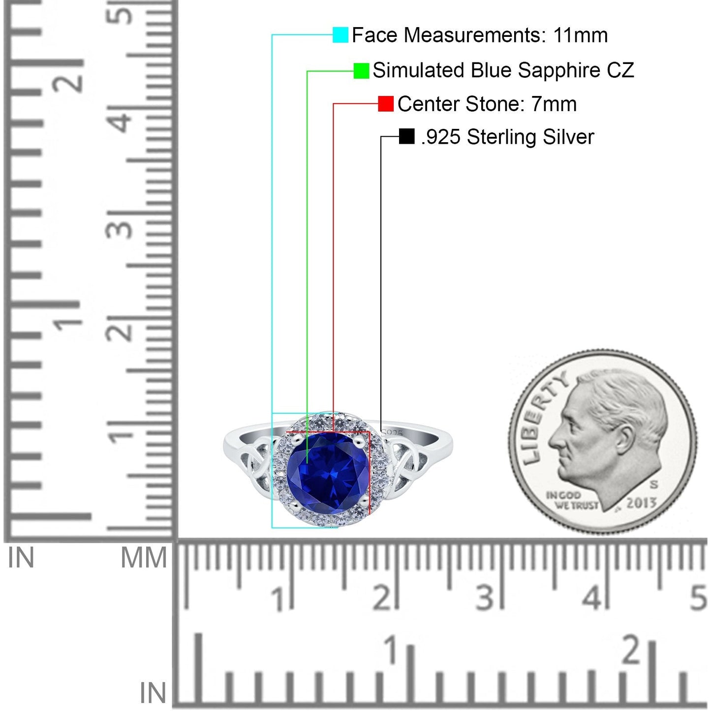 Celtic Halo Art Deco Wedding Ring Round Simulated Blue Sapphire CZ