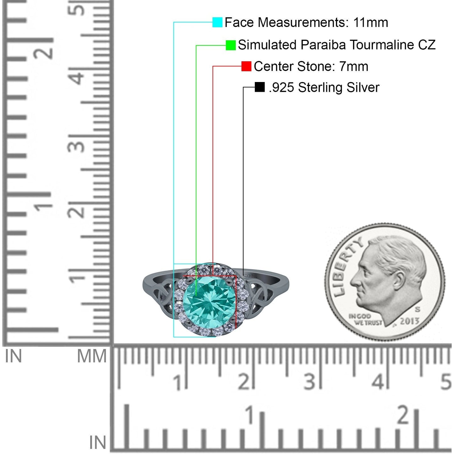 Celtic Halo Art Deco Wedding Ring Round Black Tone, Simulated Paraiba Tourmaline CZ