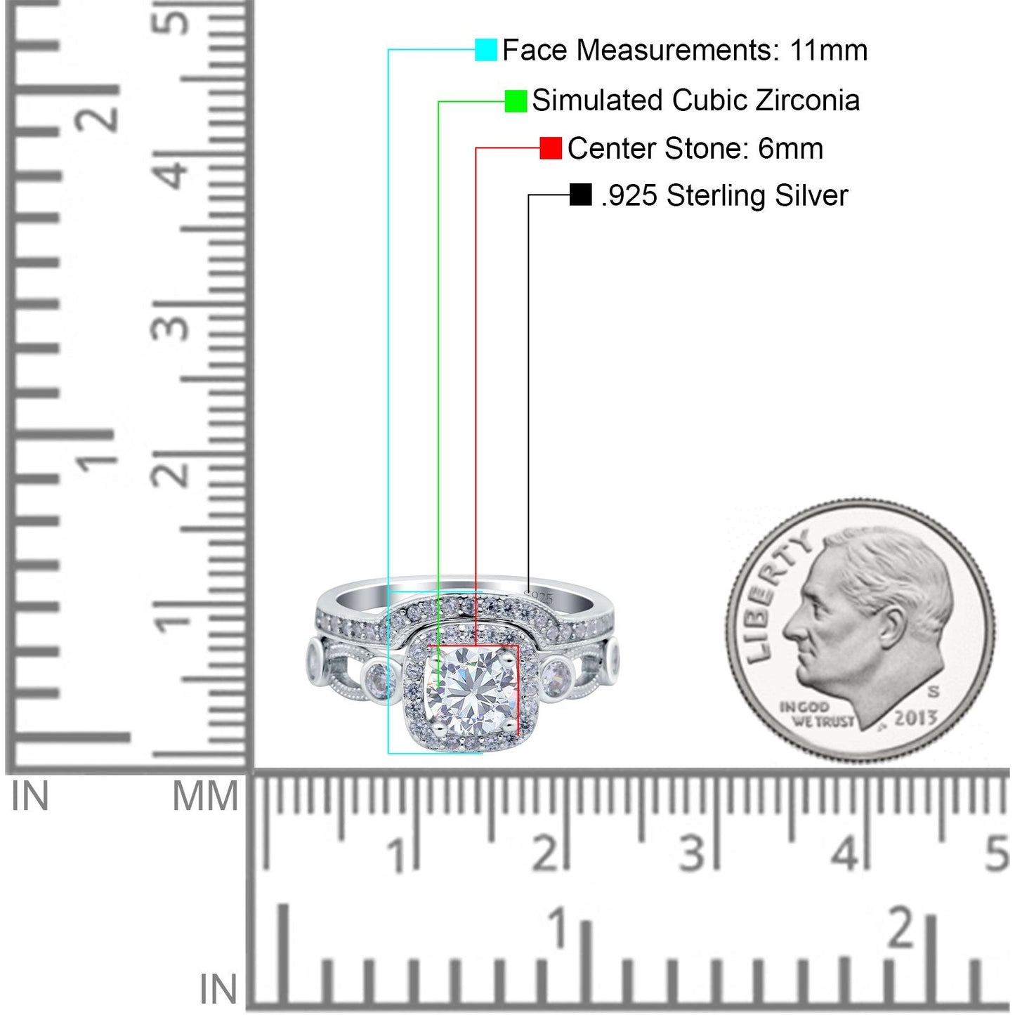 Two Piece Art Deco Wedding Ring Band Round Simulated Cubic Zirconia