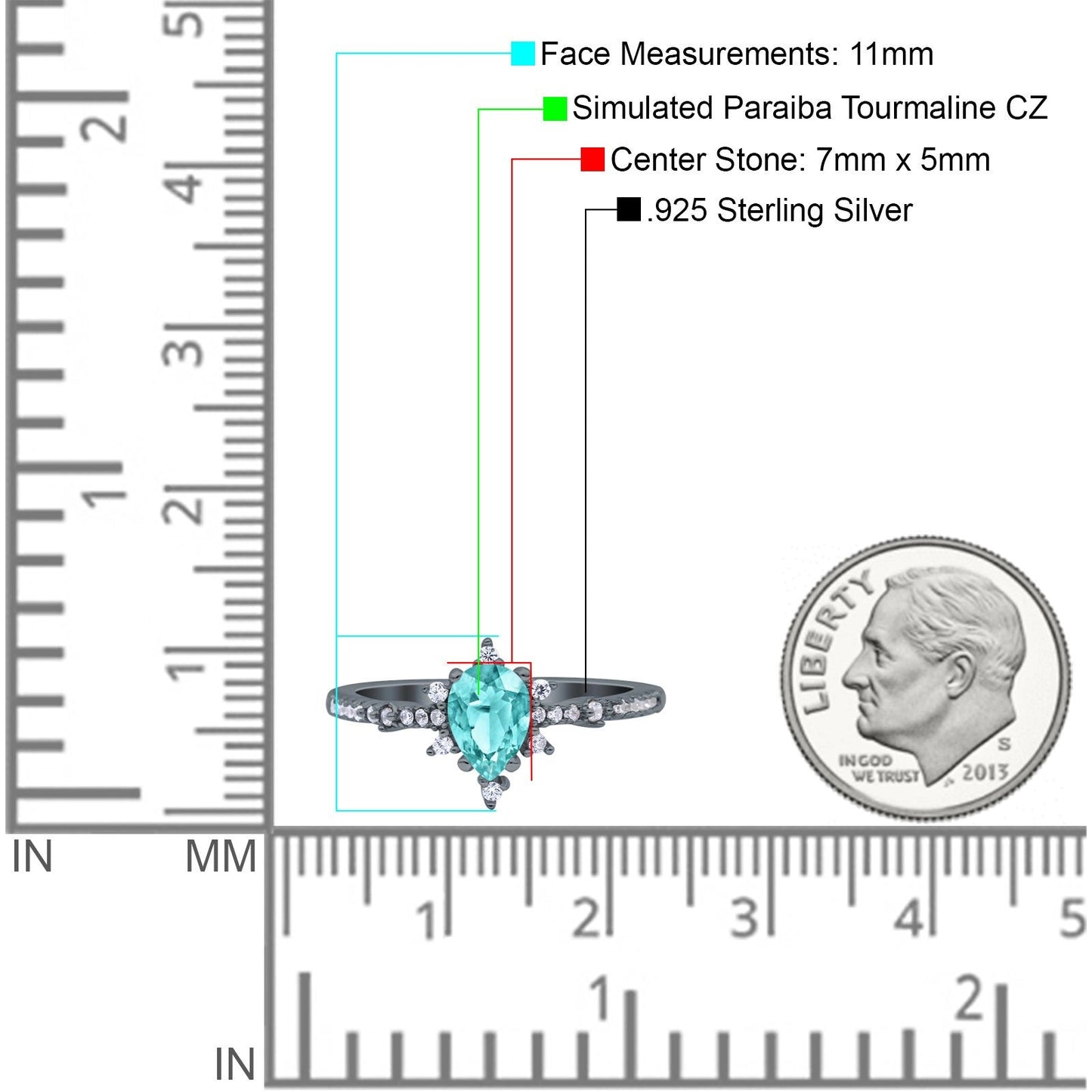 Starburst Teardrop Pear Black Tone Paraiba Tourmaline CZ  Wedding Ring