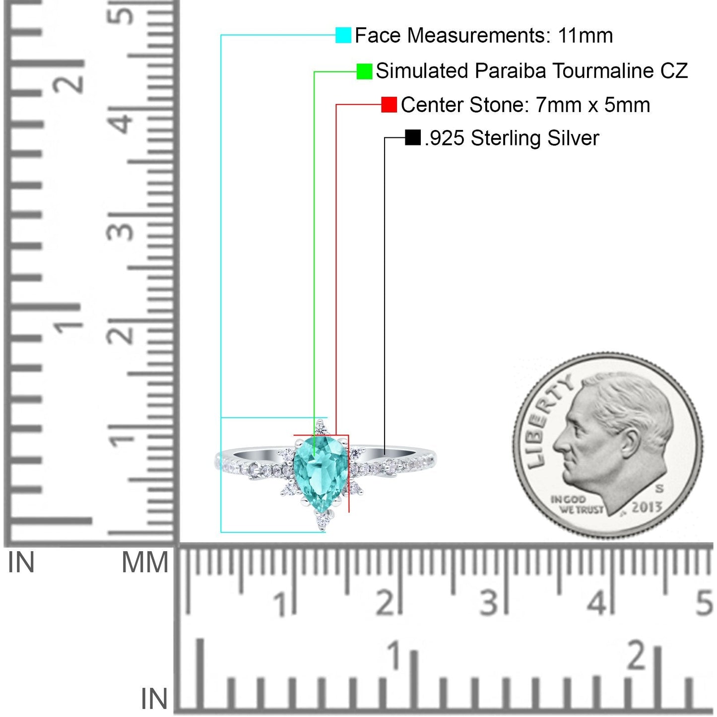 Starburst Teardrop Pear Simulated Paraiba Tourmaline CZ Wedding Ring