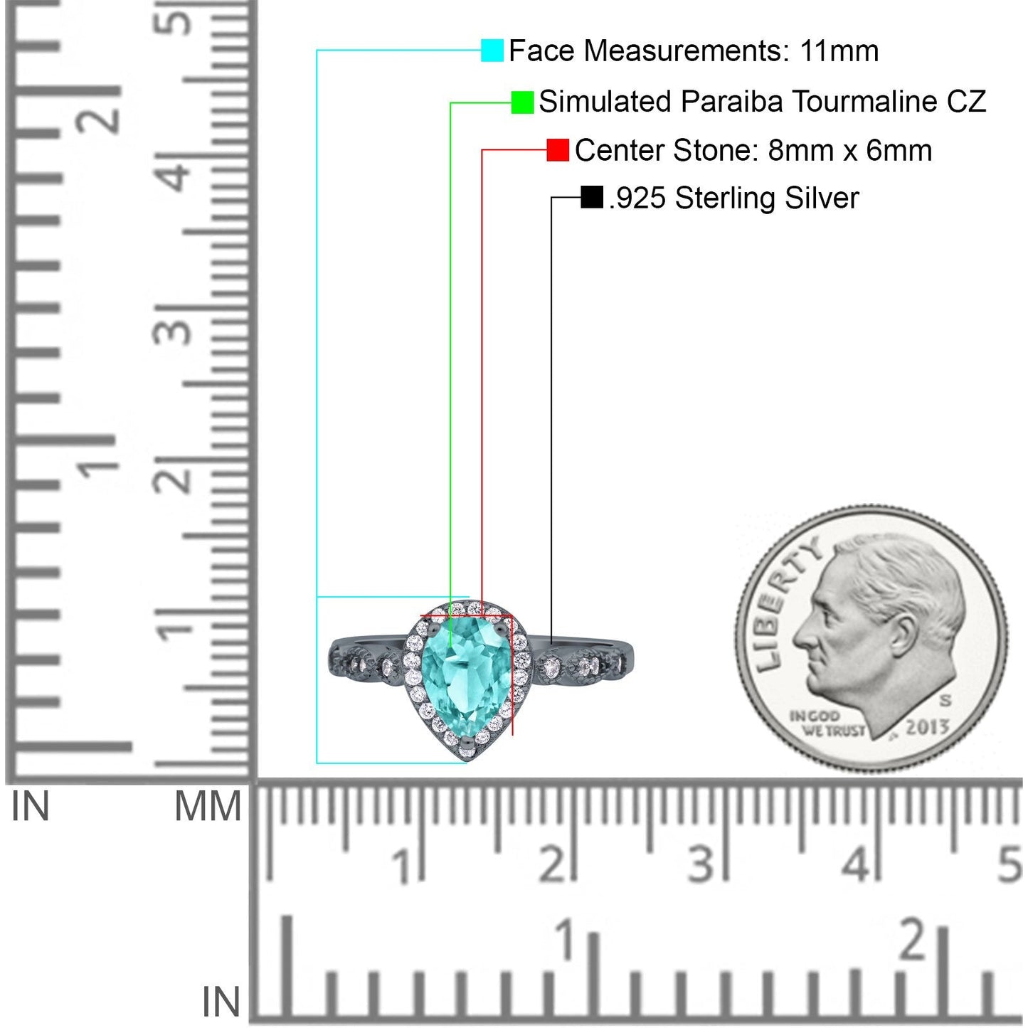 Halo Pear Engagement Ring Black Tone, Simulated Paraiba Tourmaline CZ