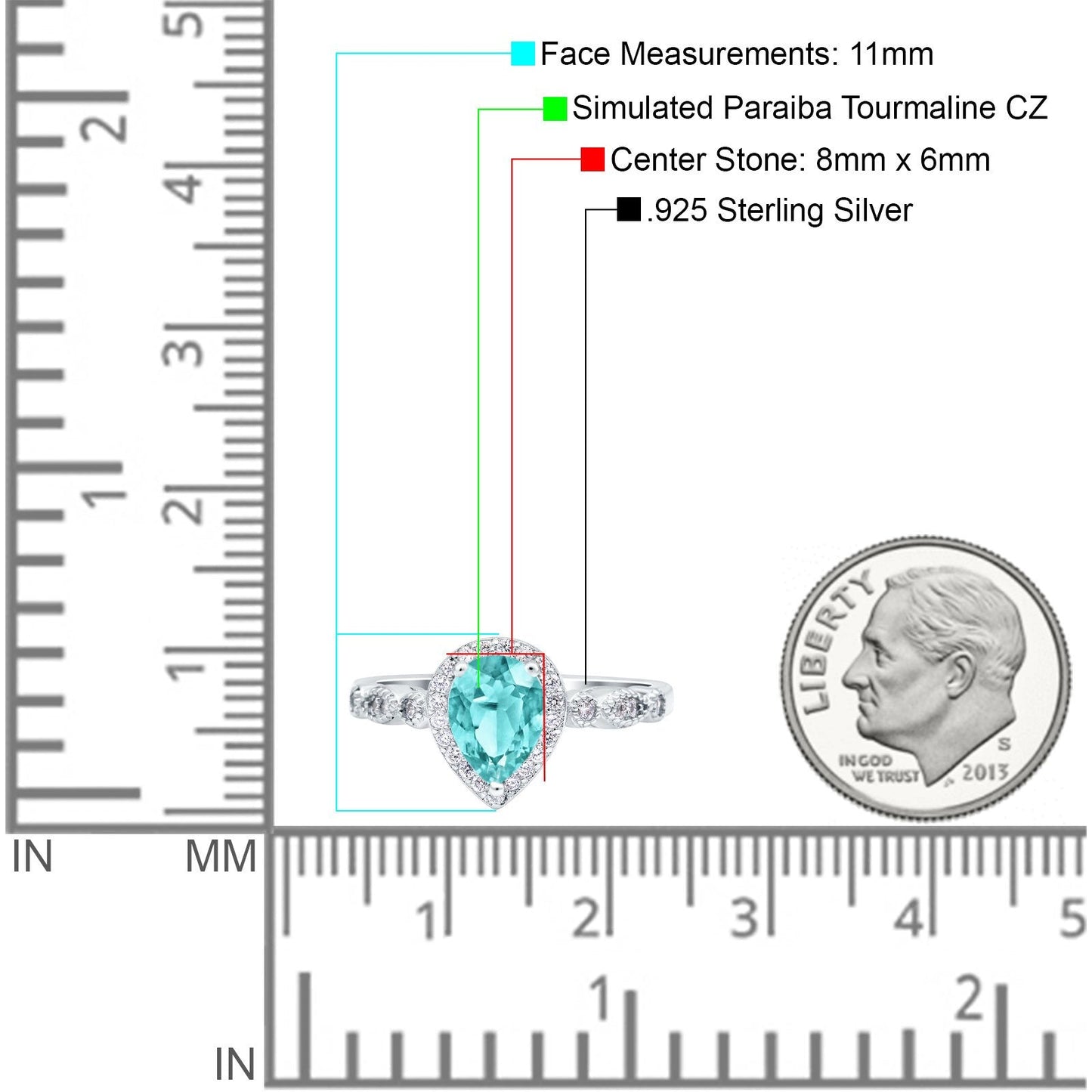 Halo Pear Engagement Ring Simulated Paraiba Tourmaline CZ