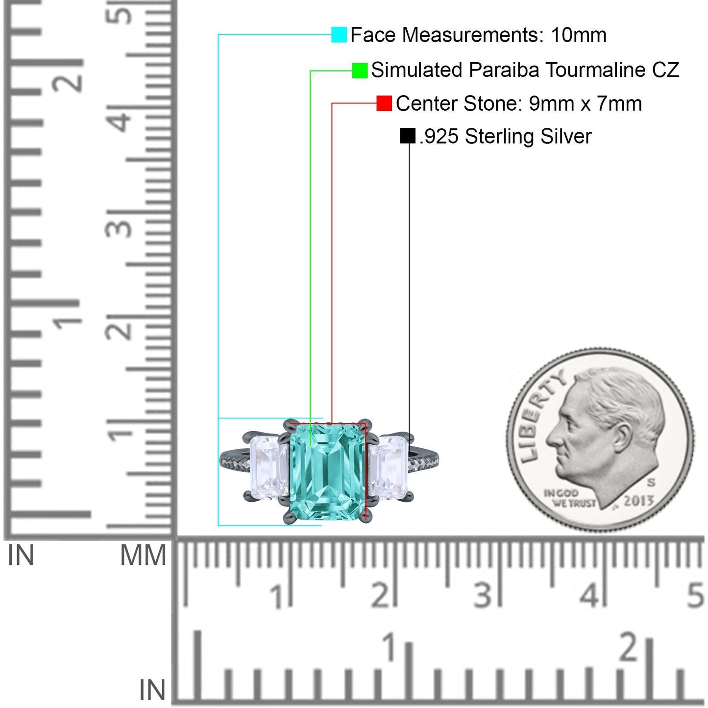 Three Stone Radiant Cut Wedding Ring Black Tone, Simulated Paraiba Tourmaline CZ