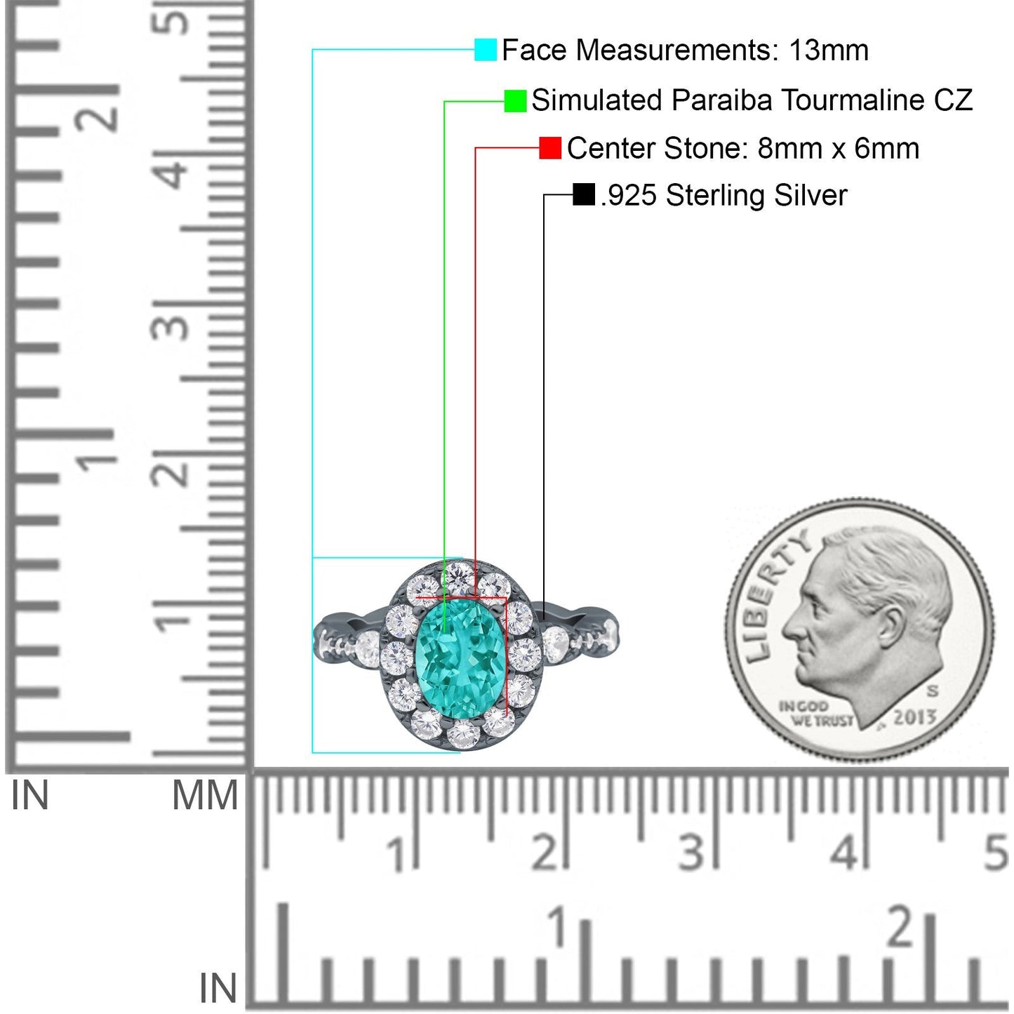 Oval Halo Black Tone, Simulated Paraiba Tourmaline CZ Bridal Ring