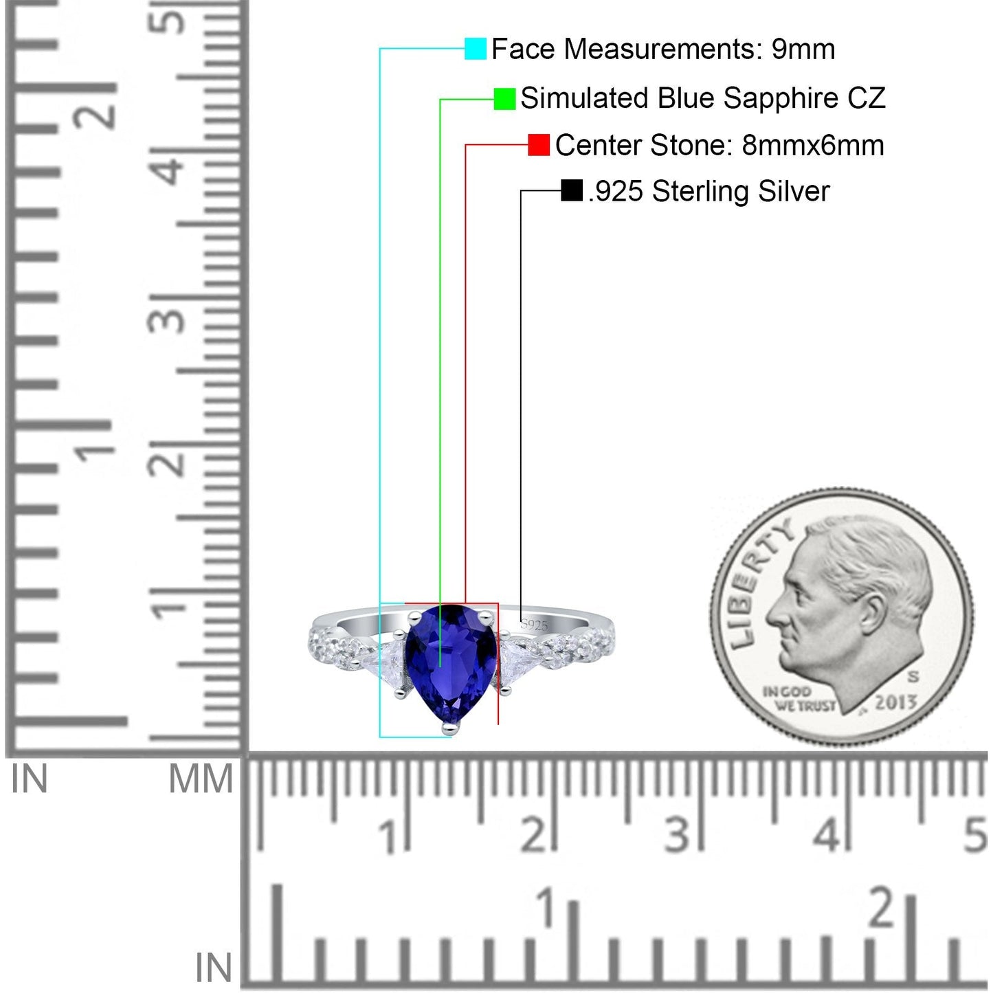 Art Deco Pear Shape Wedding Bridal Ring Simulated Blue Sapphire CZ