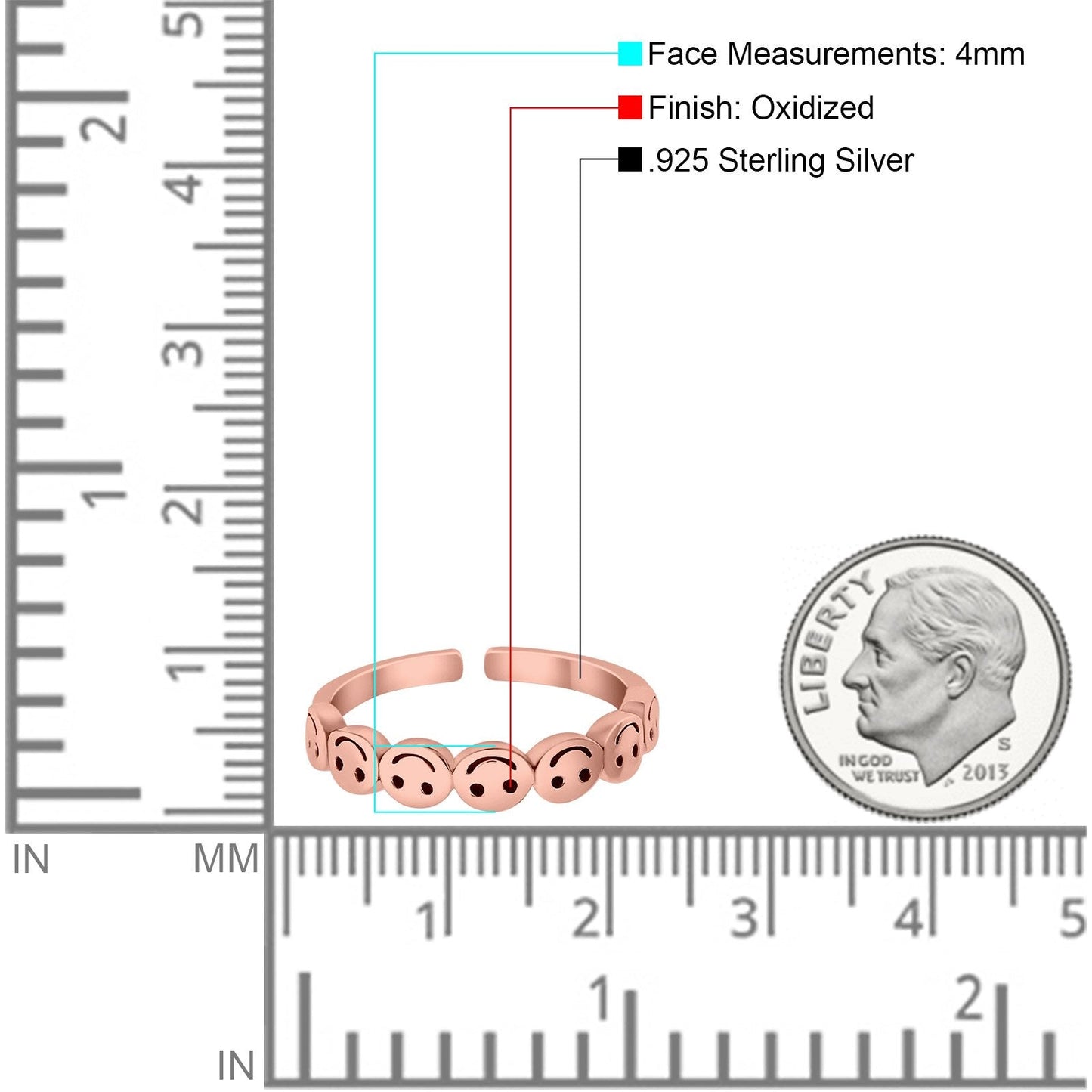 Smiley Face Toe Ring Rose Tone Adjustable Band (4mm)