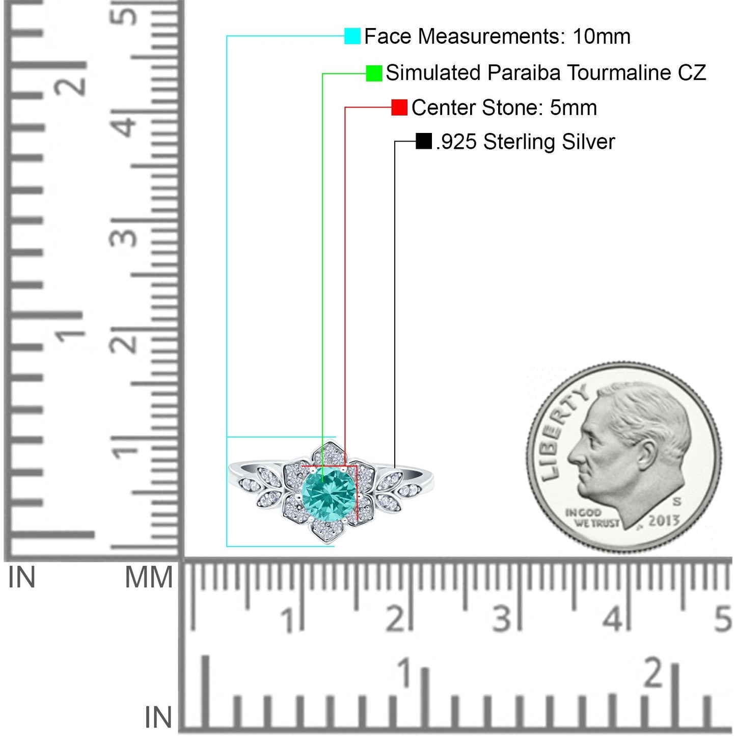 Halo Cluster Floral Wedding Ring Round Simulated Paraiba Tourmaline CZ