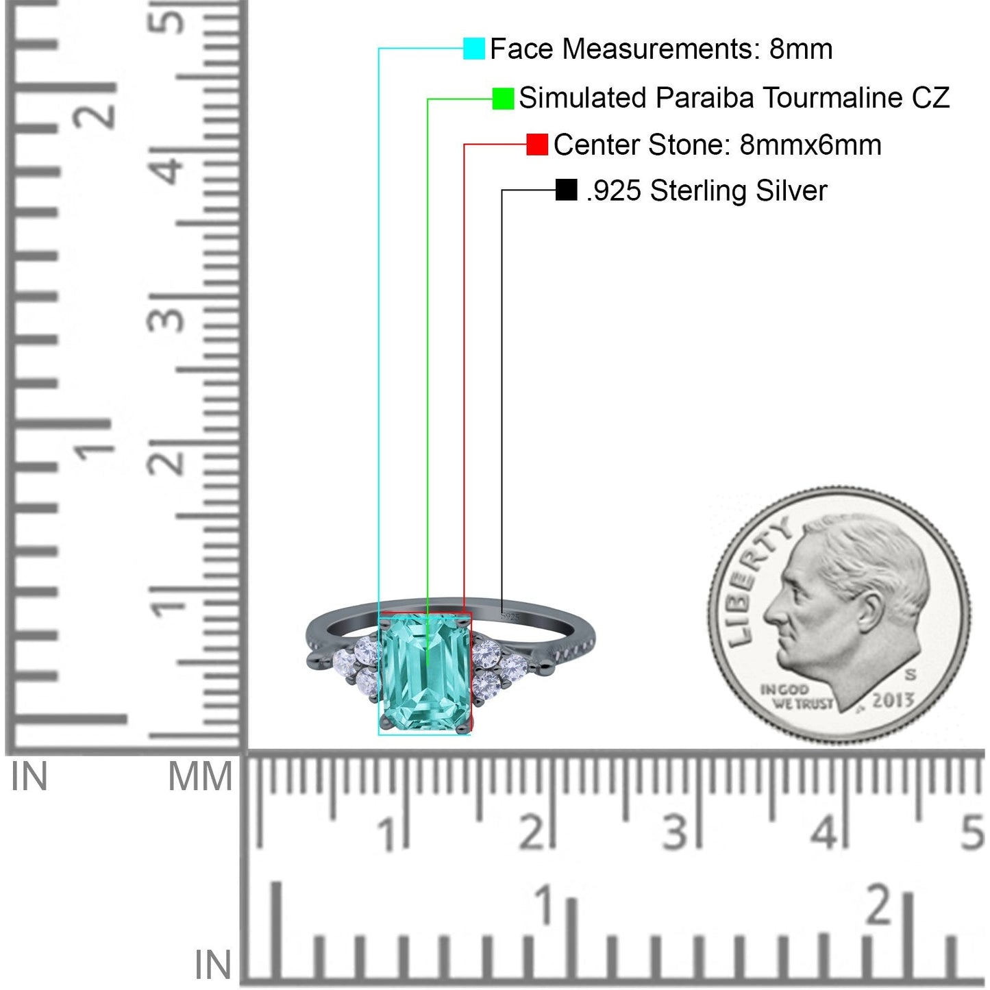 Art Deco Emerald Cut Wedding Bridal Ring Black Tone, Simulated Paraiba Tourmaline CZ