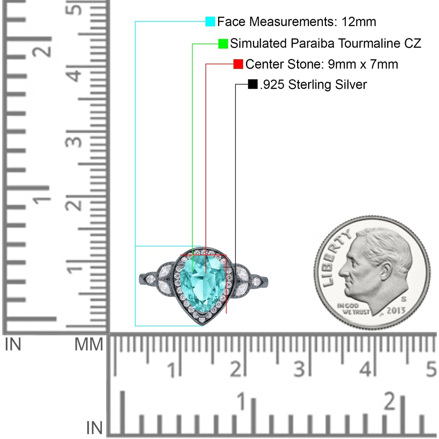 Halo Art Deco Wedding Pear Ring Black Tone, Simulated Paraiba Tourmaline CZ