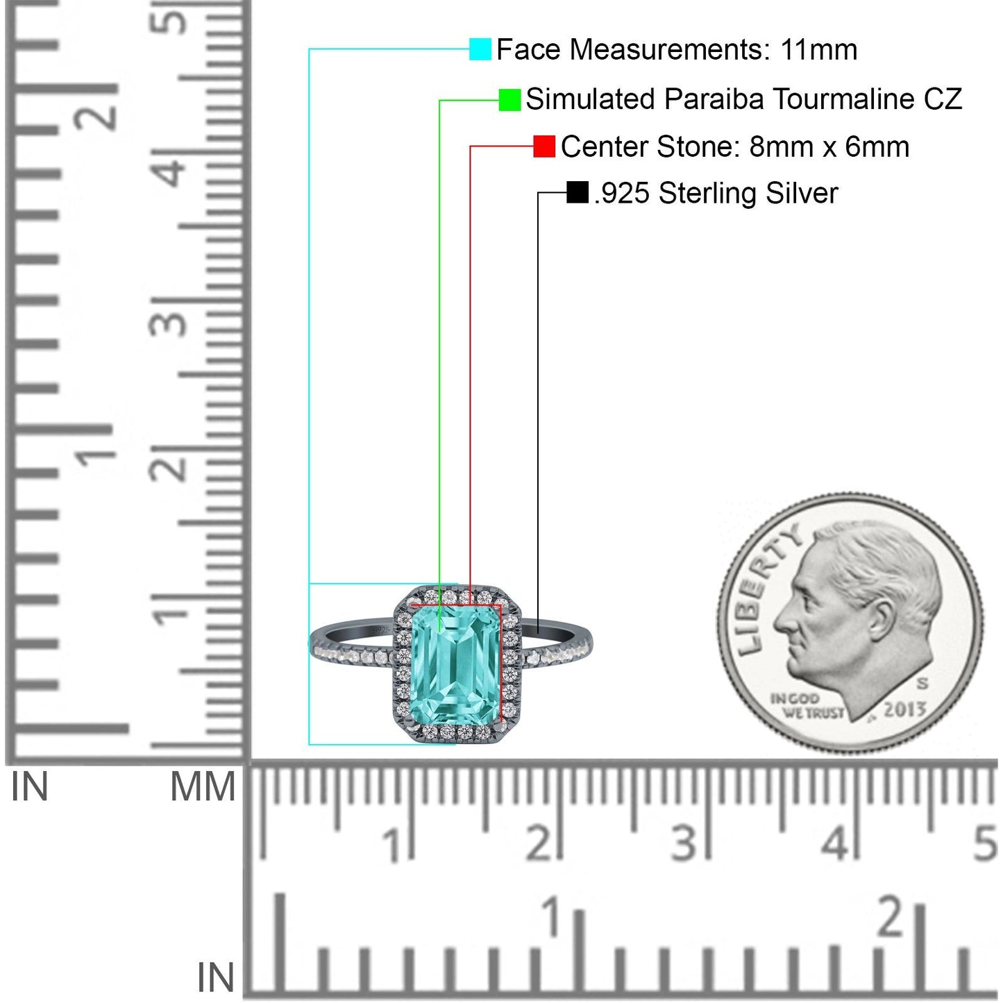 Emerald Cut Art Deco Wedding Ring Black Tone, Simulated Paraiba Tourmaline CZ