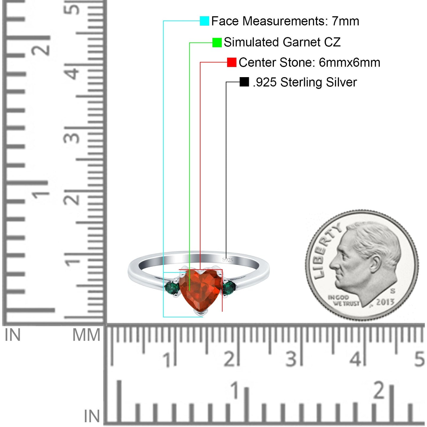 Art Deco Heart Three Stone Round Green Emerald Simulated Garnet CZ Wedding Ring