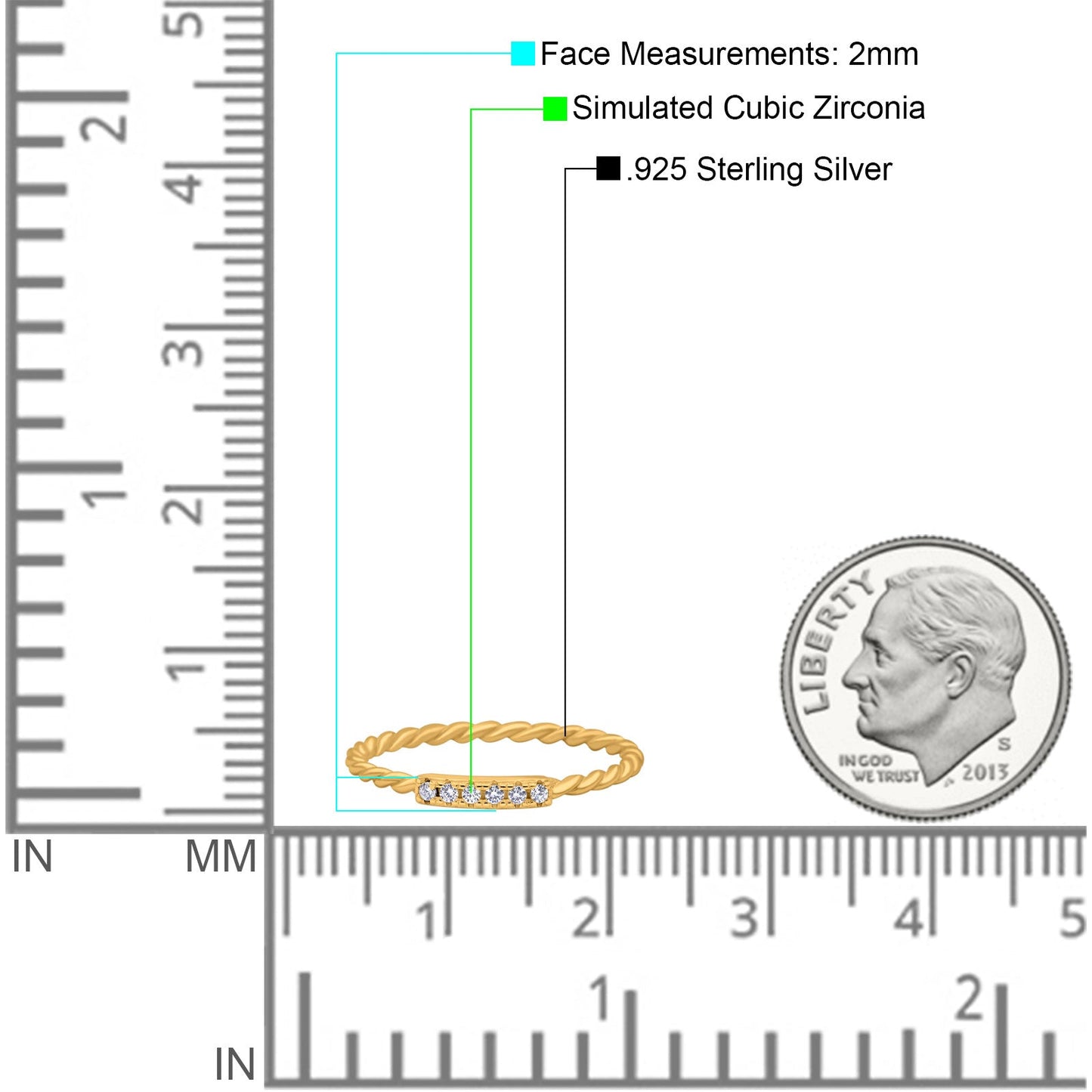 Half Eternity Ring Wedding Engagement Rope Band Round Yellow Tone, Simulated CZ (2mm)