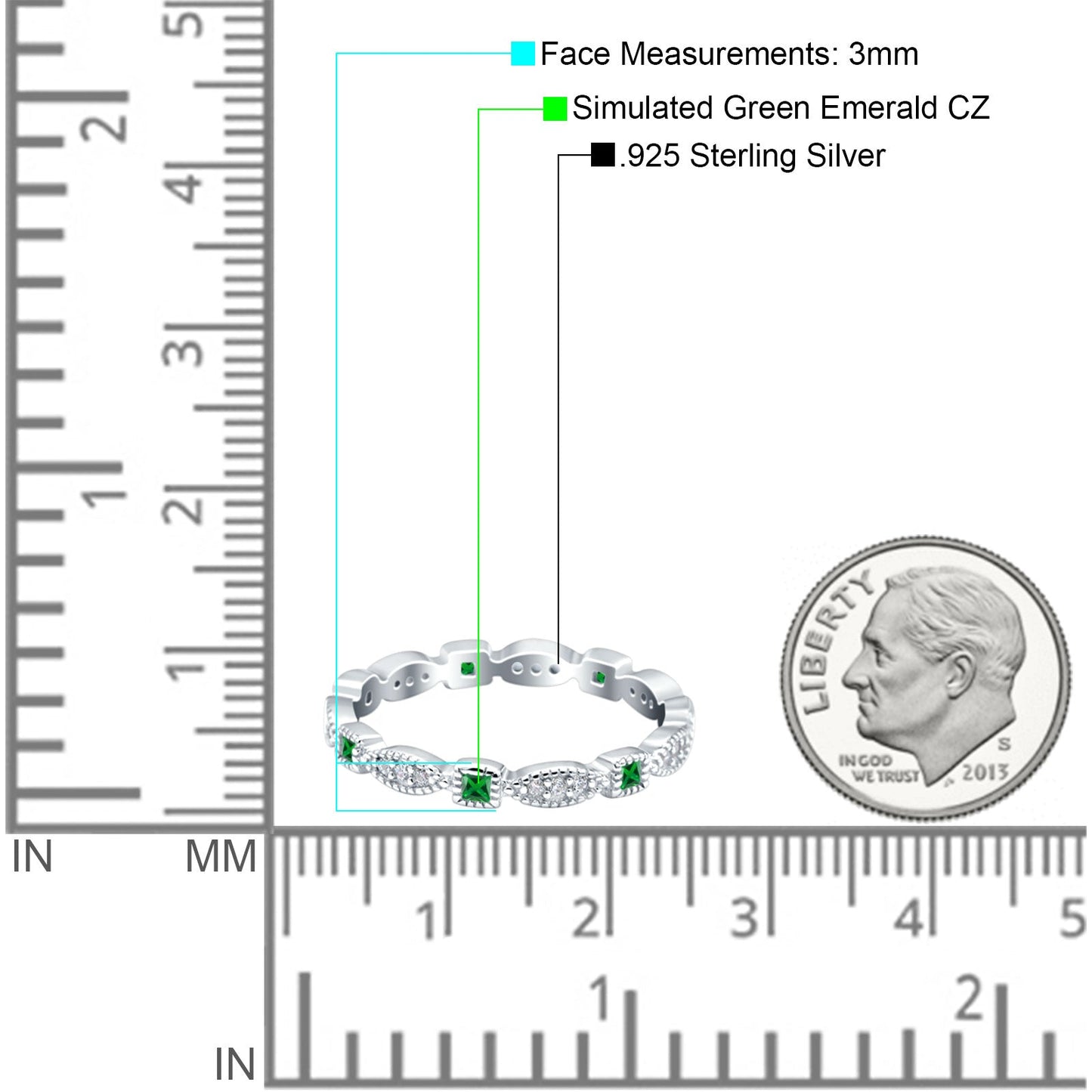 Full Eternity Stackable Ring Wedding Band Round Simulated Green Emerald CZ