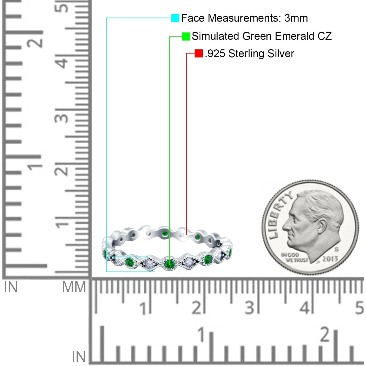 Full Eternity Stackable Ring Wedding Band Round Simulated Green Emerald CZ