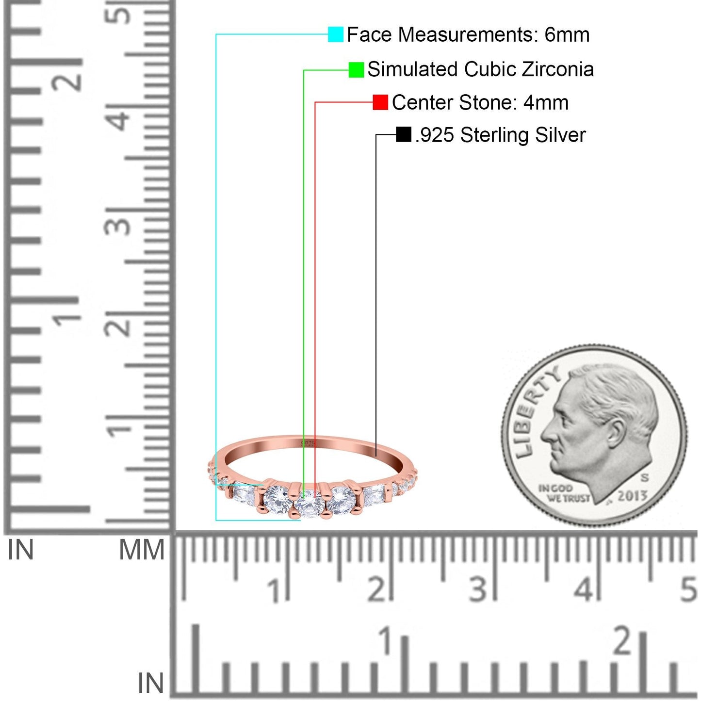 Simple Band Wedding Ring Baguette Round Rose Tone, Simulated Cubic Zirconia (6mm)