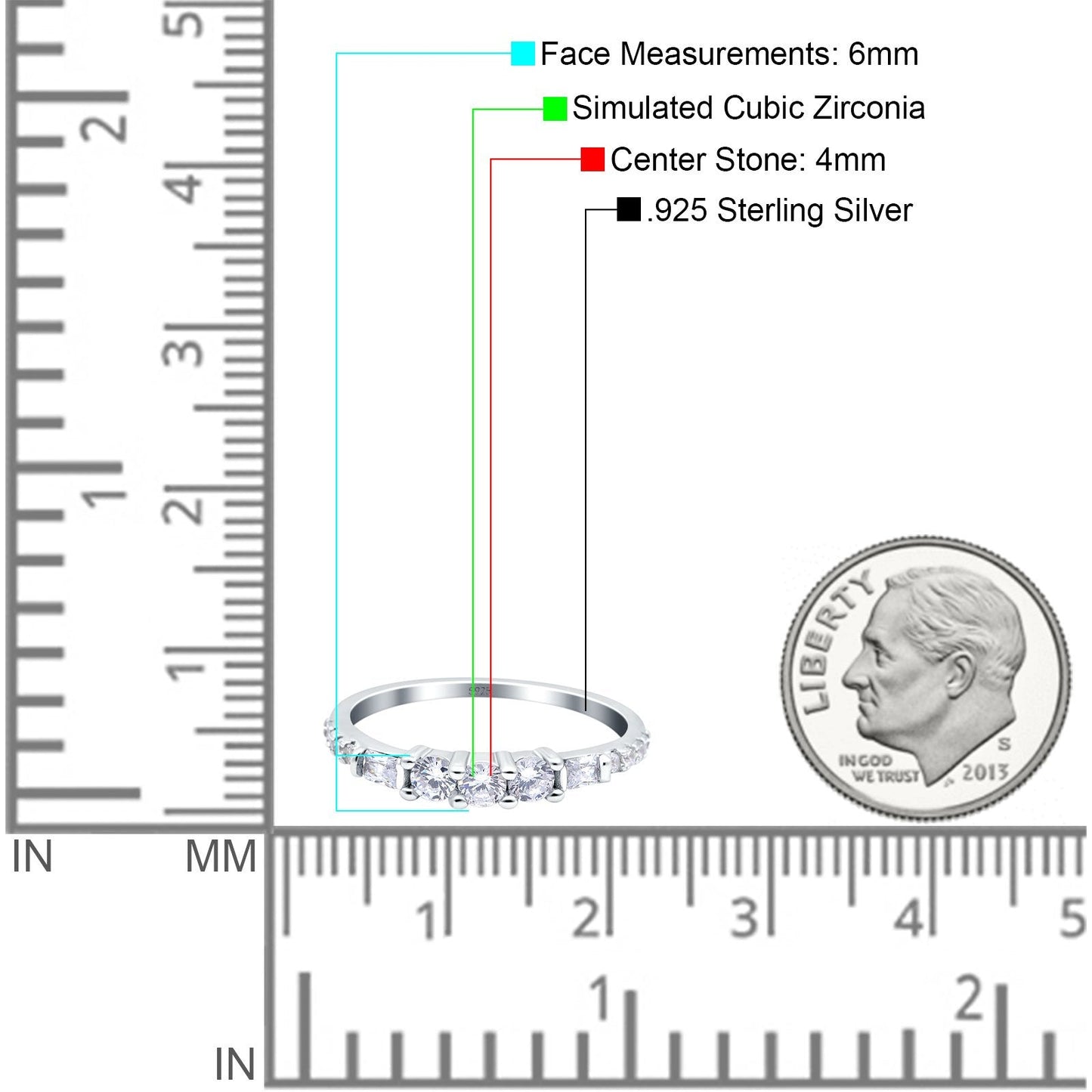 Simple Band Wedding Ring Baguette Round Simulated Cubic Zirconia (6mm)