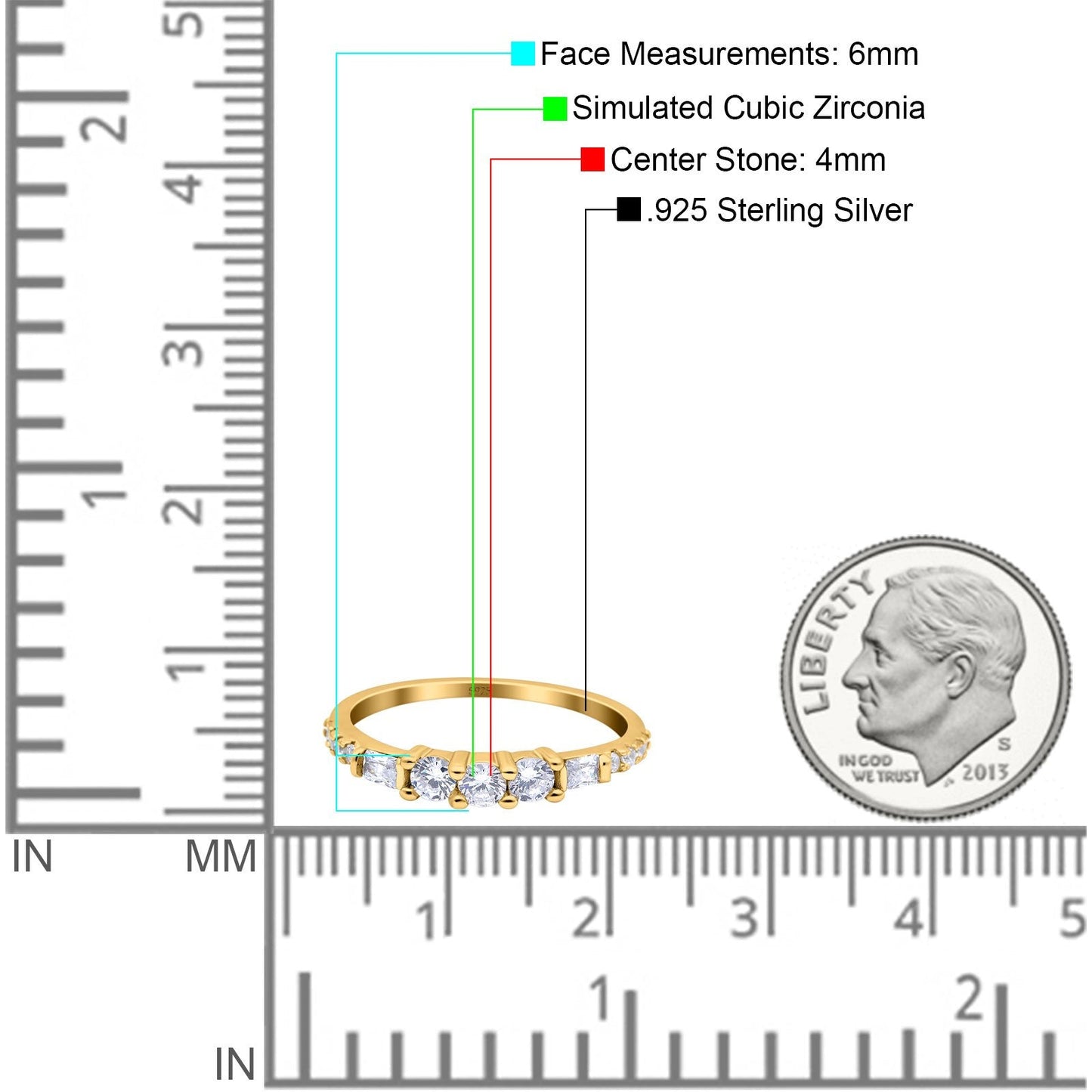 Simple Band Wedding Ring Baguette Round Yelllow Tone, Simulated Cubic Zirconia (6mm)