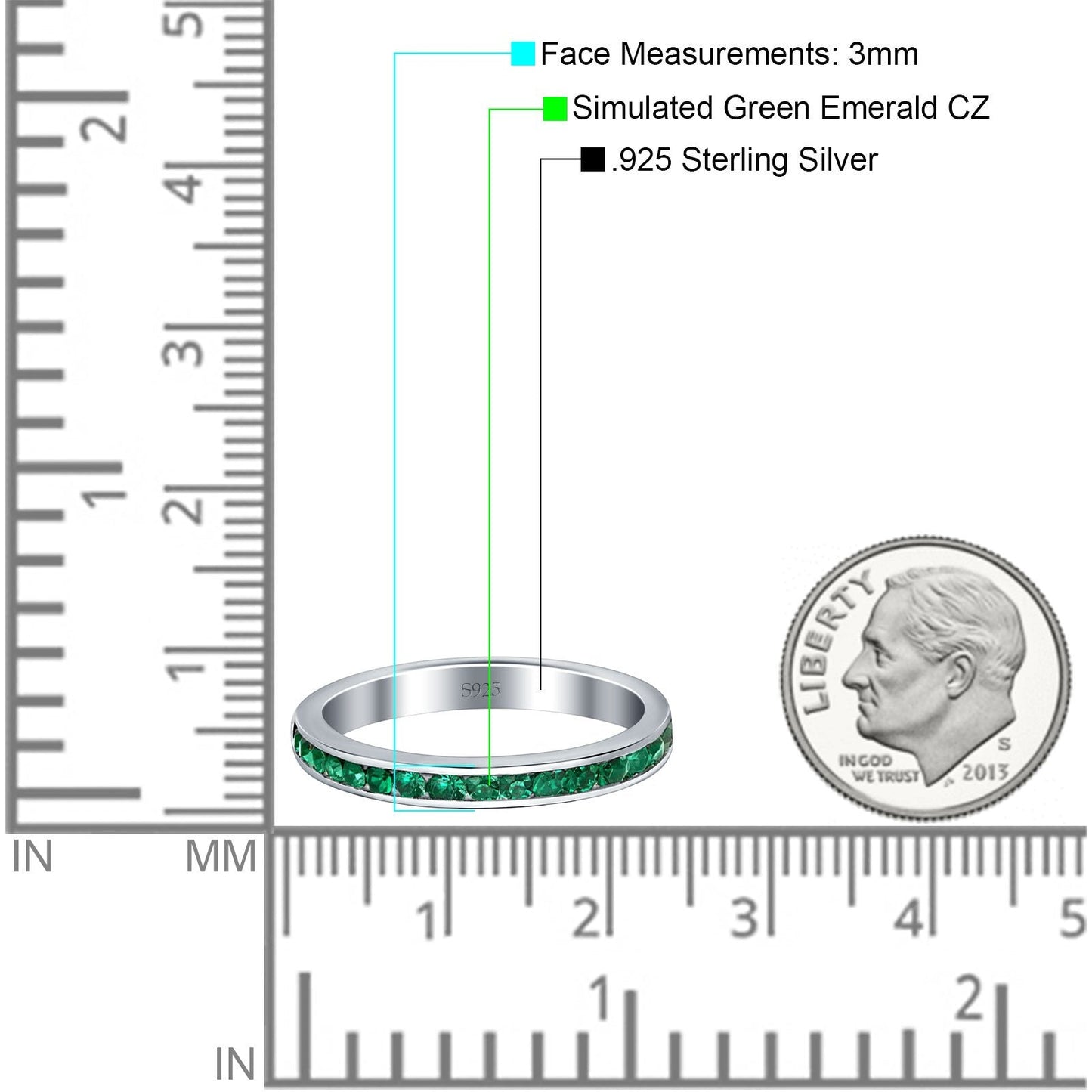 Full Eternity Stackable Channel setting Wedding Engagement Band Round Simulated Green Emerald CZ