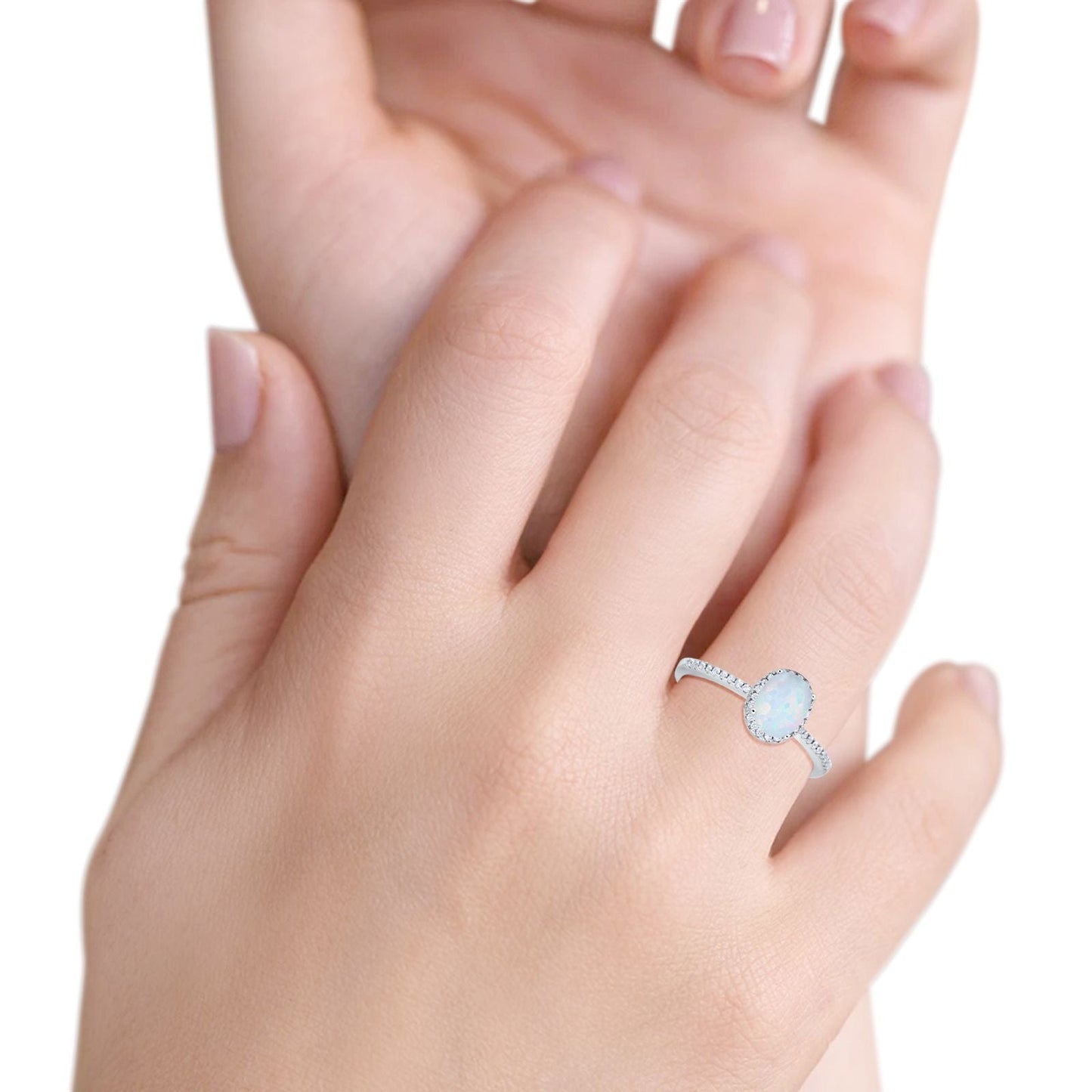 Halo Fashion Ring Oval Lab Created White Opal Accent