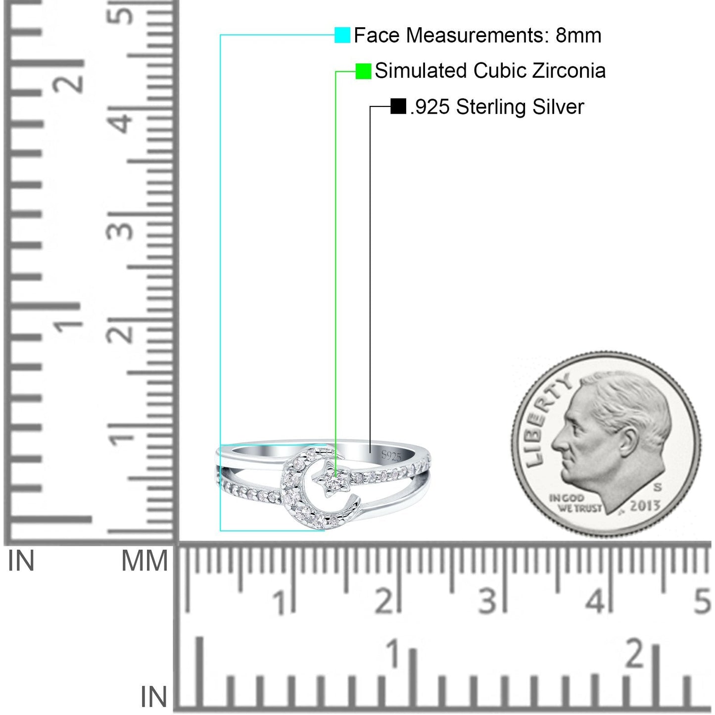 Moon Star Ring Round Simulated Cubic Zirconia Split Shank