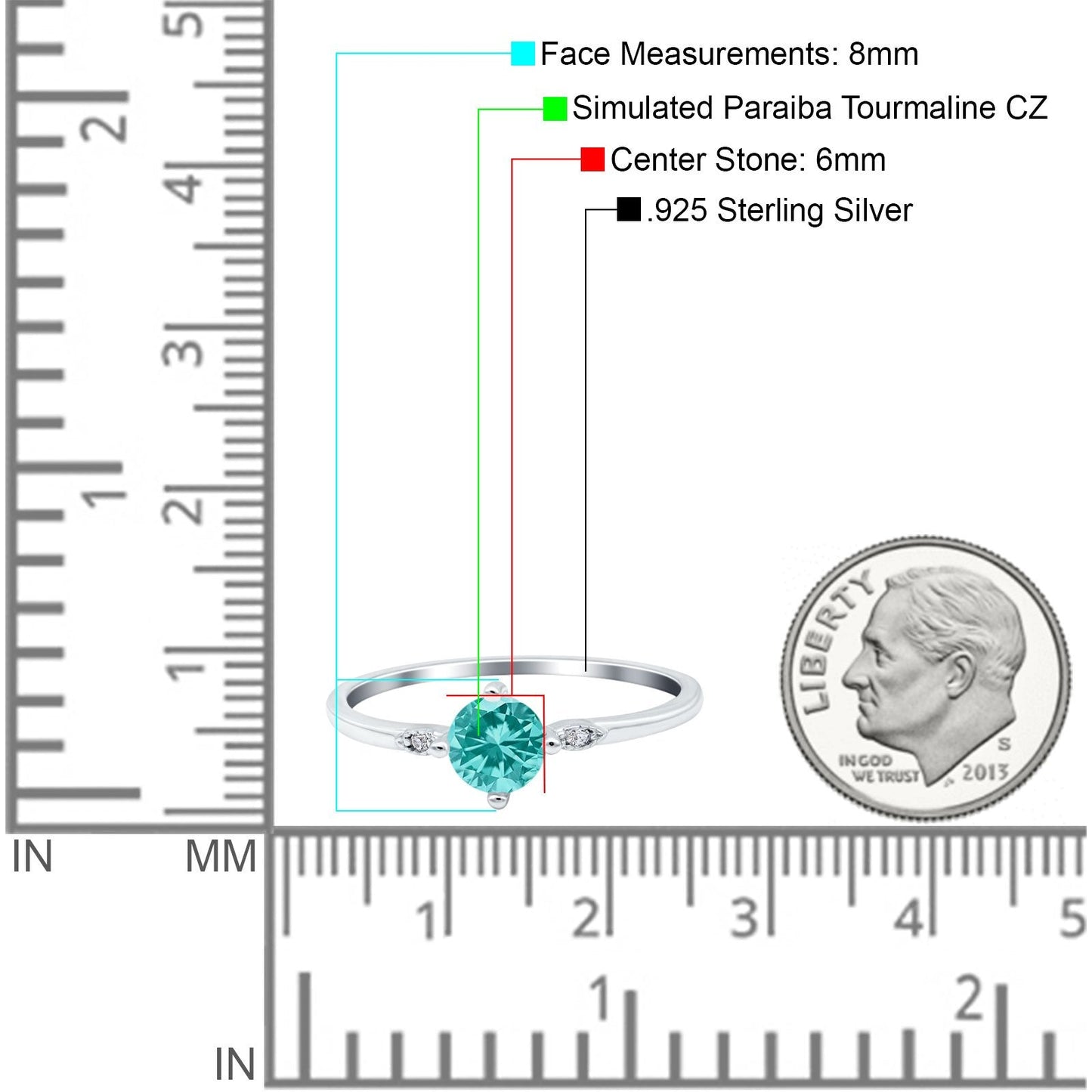 Three Stone Art Deco Engagement Ring Round Simulated Paraiba Tourmaline CZ