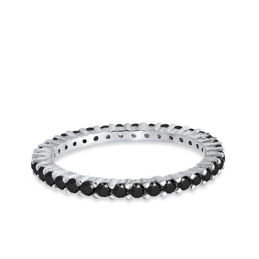 Full Eternity Wedding Band Round Simulated Black CZ Ring 925 Sterling Silver