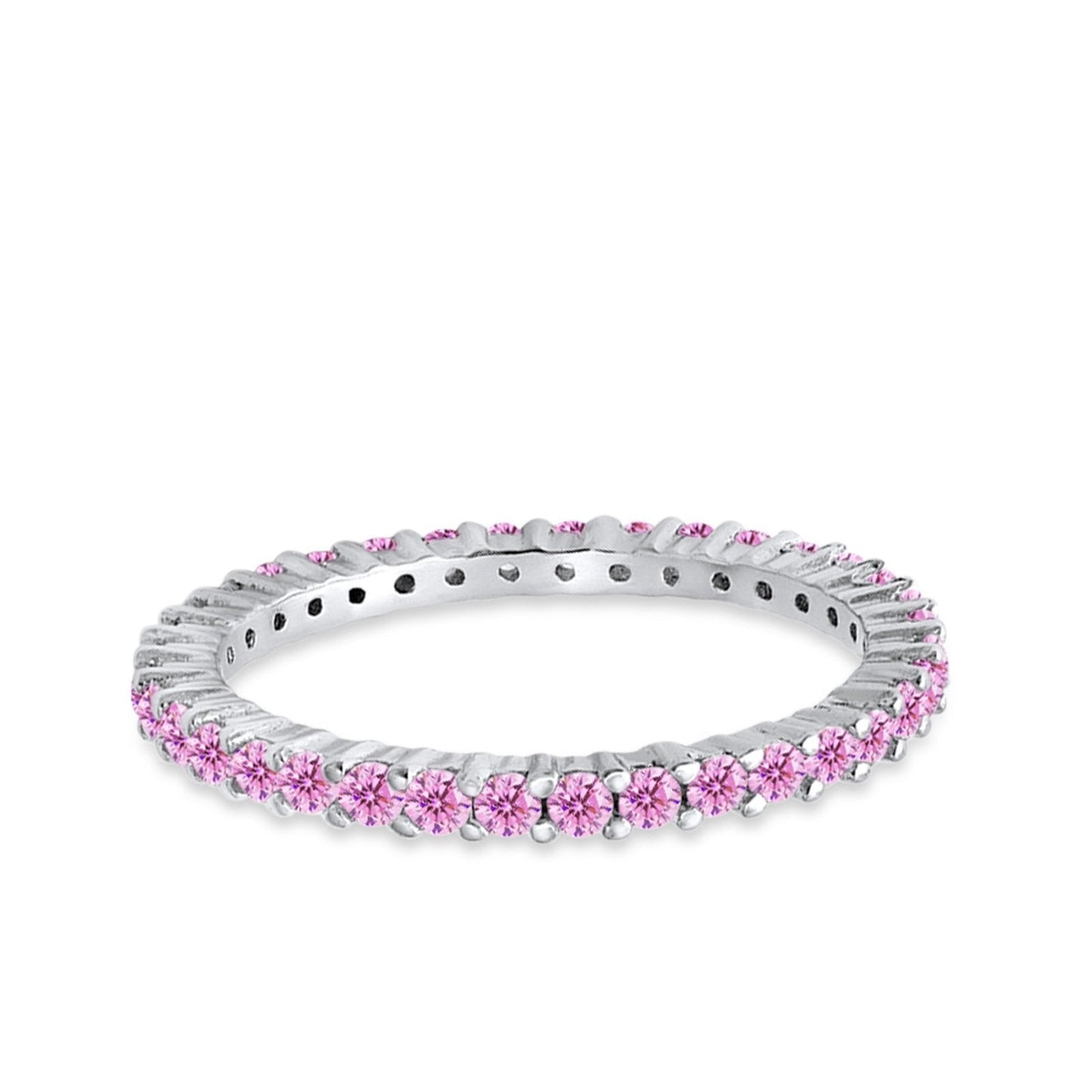 Full Eternity Wedding Band Round Simulated Pink CZ Ring 925 Sterling Silver