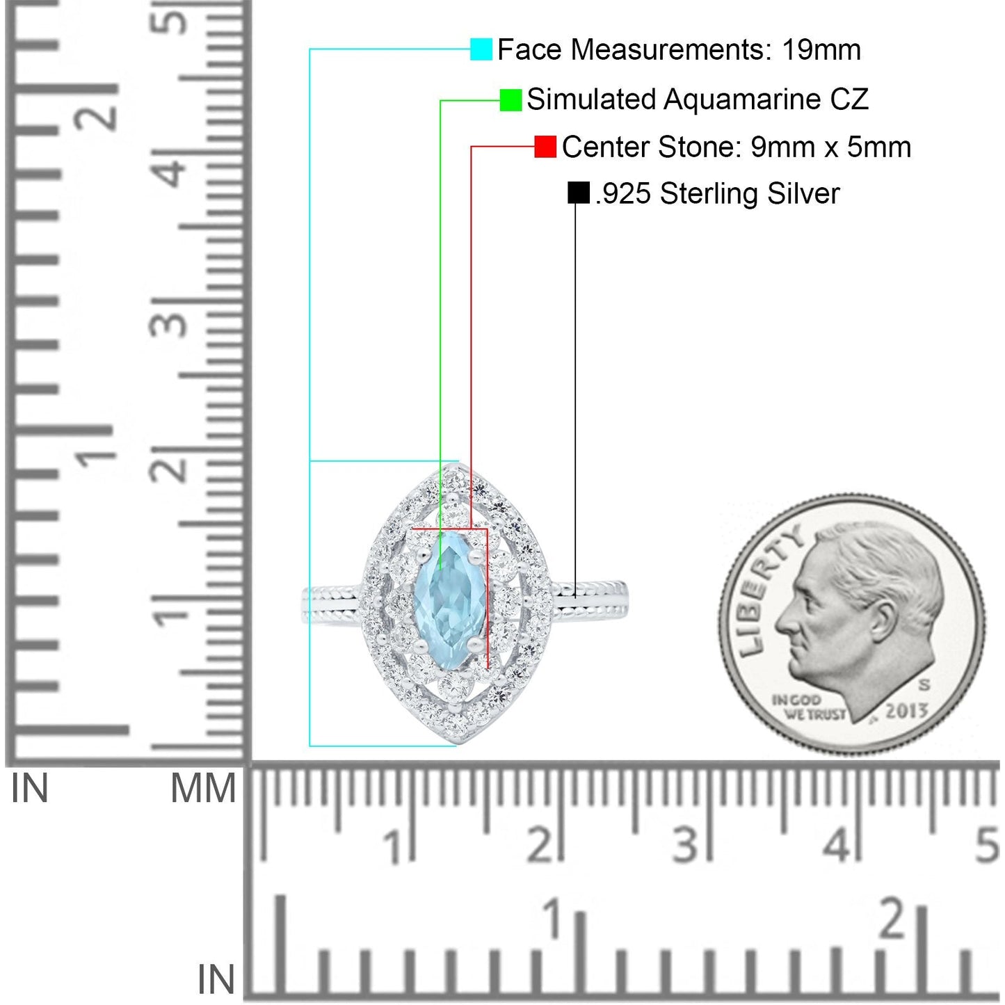 Marquise Vintage Halo Wedding Ring Simulated Aquamarine CZ