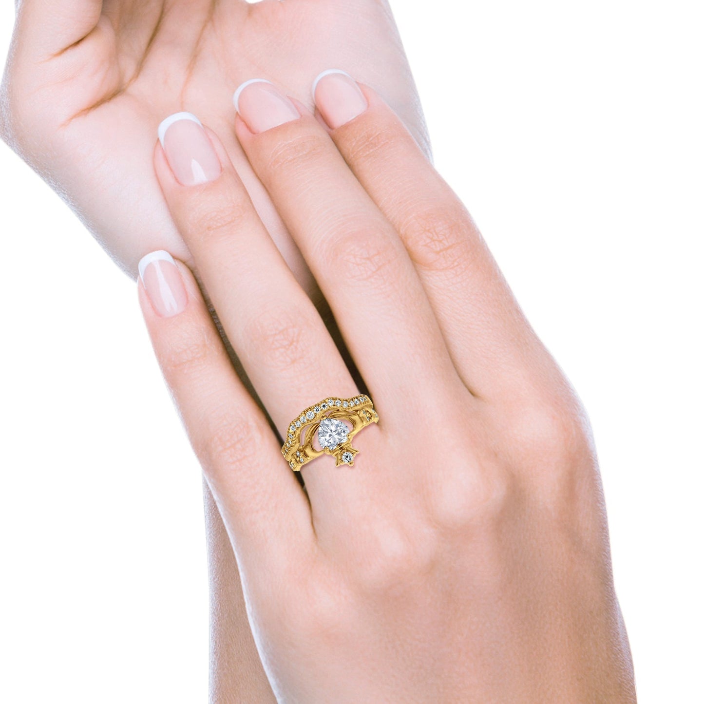 Two Piece Claddagh Band Ring Heart Cubic Zirconia Yellow Tone