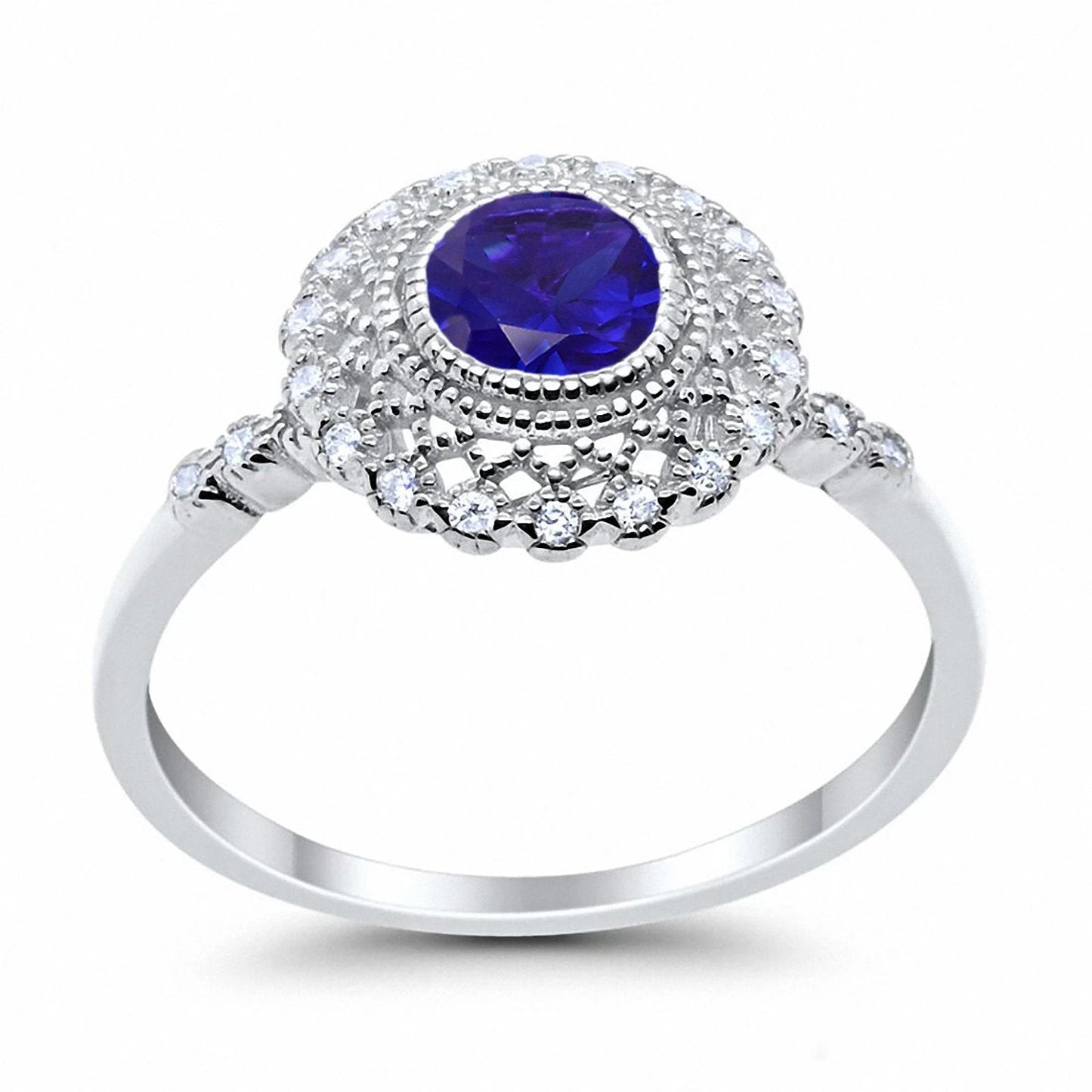 Halo Engagement Ring Bezel Round Simulated Blue Sapphire CZ