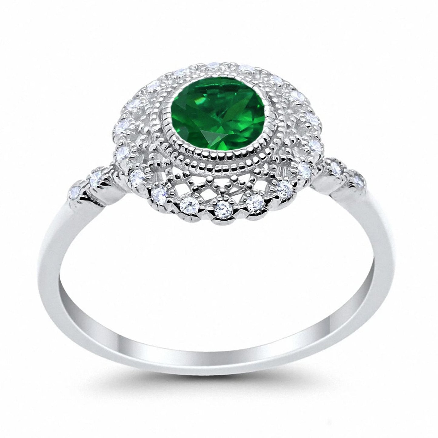 Halo Engagement Ring Bezel Round Simulated Green Emerald CZ