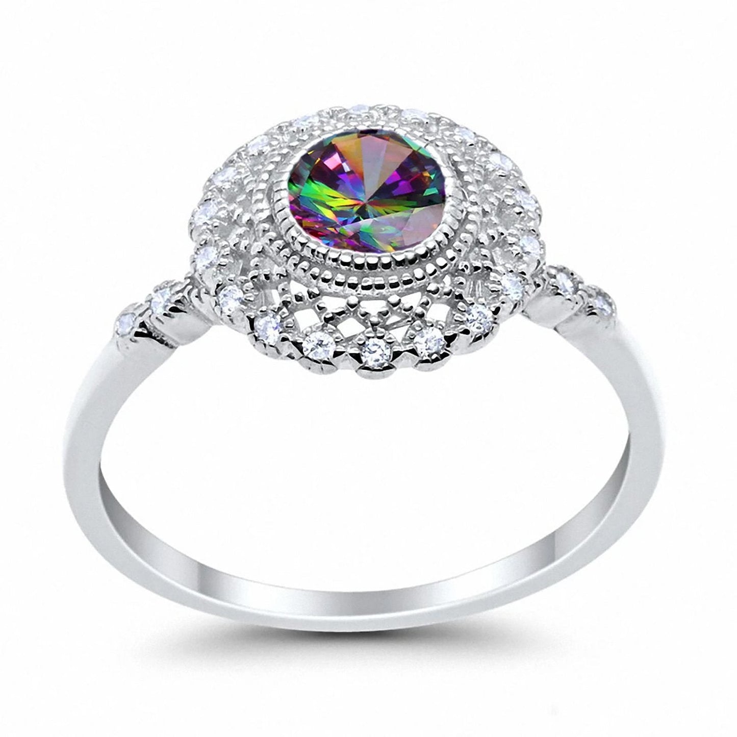 Halo Engagement Ring Bezel Round Simulated Rainbow CZ