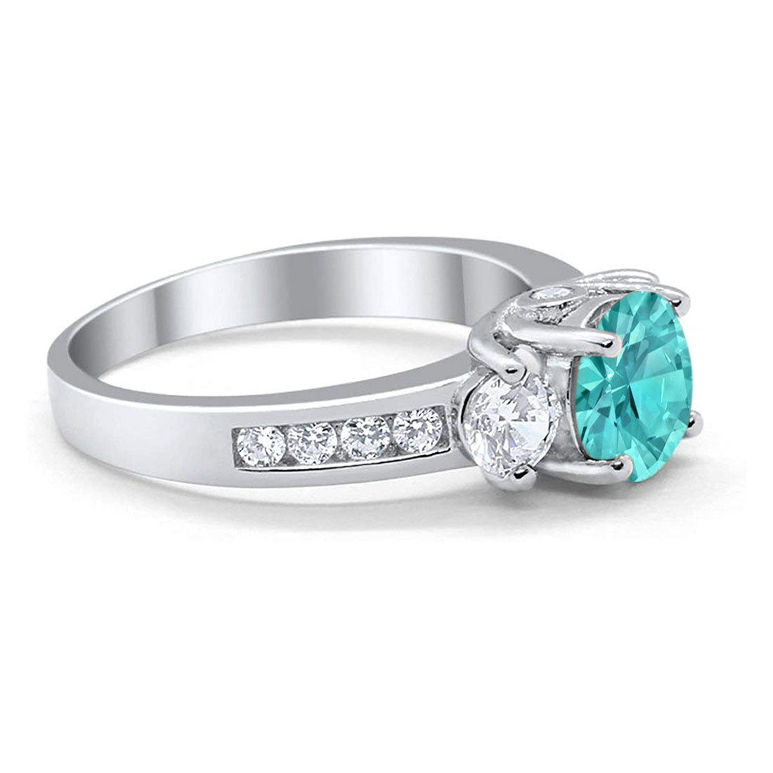 Three Stone Wedding Ring Simulated Paraiba Tourmaline CZ