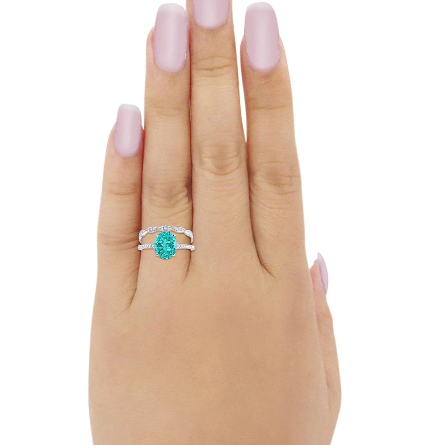 Two Piece Oval Bridal Wedding Ring Simulated Paraiba Tourmaline CZ