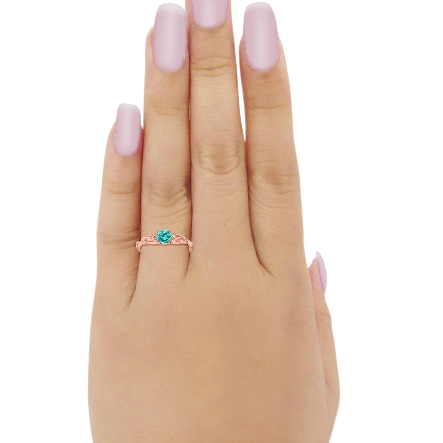 Solitaire Trinity Engagement Ring Rose Tone, Simulated Paraiba Tourmaline CZ