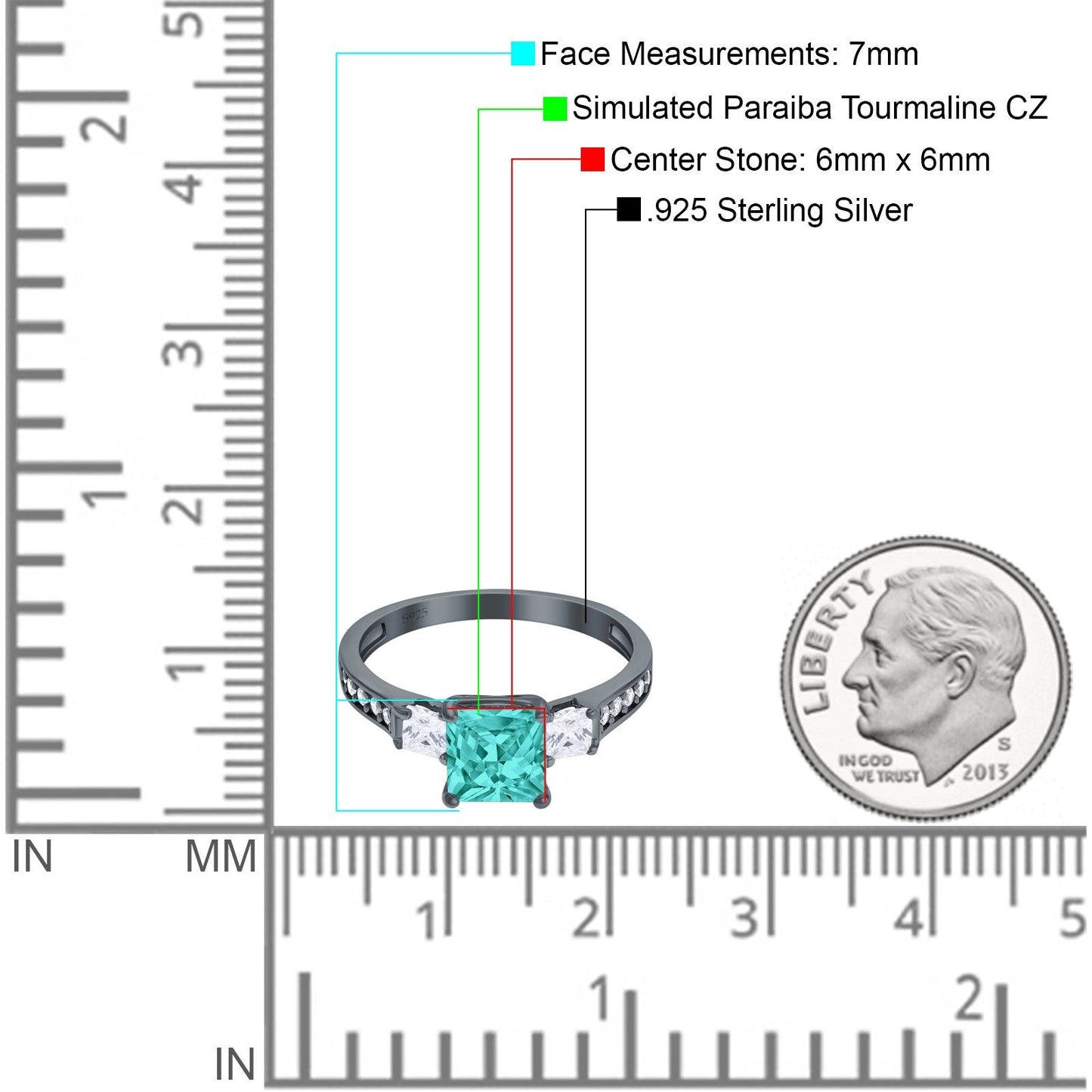 Princess Cut Art Deco Wedding Ring Black Tone, Simulated Paraiba Tourmaline CZ