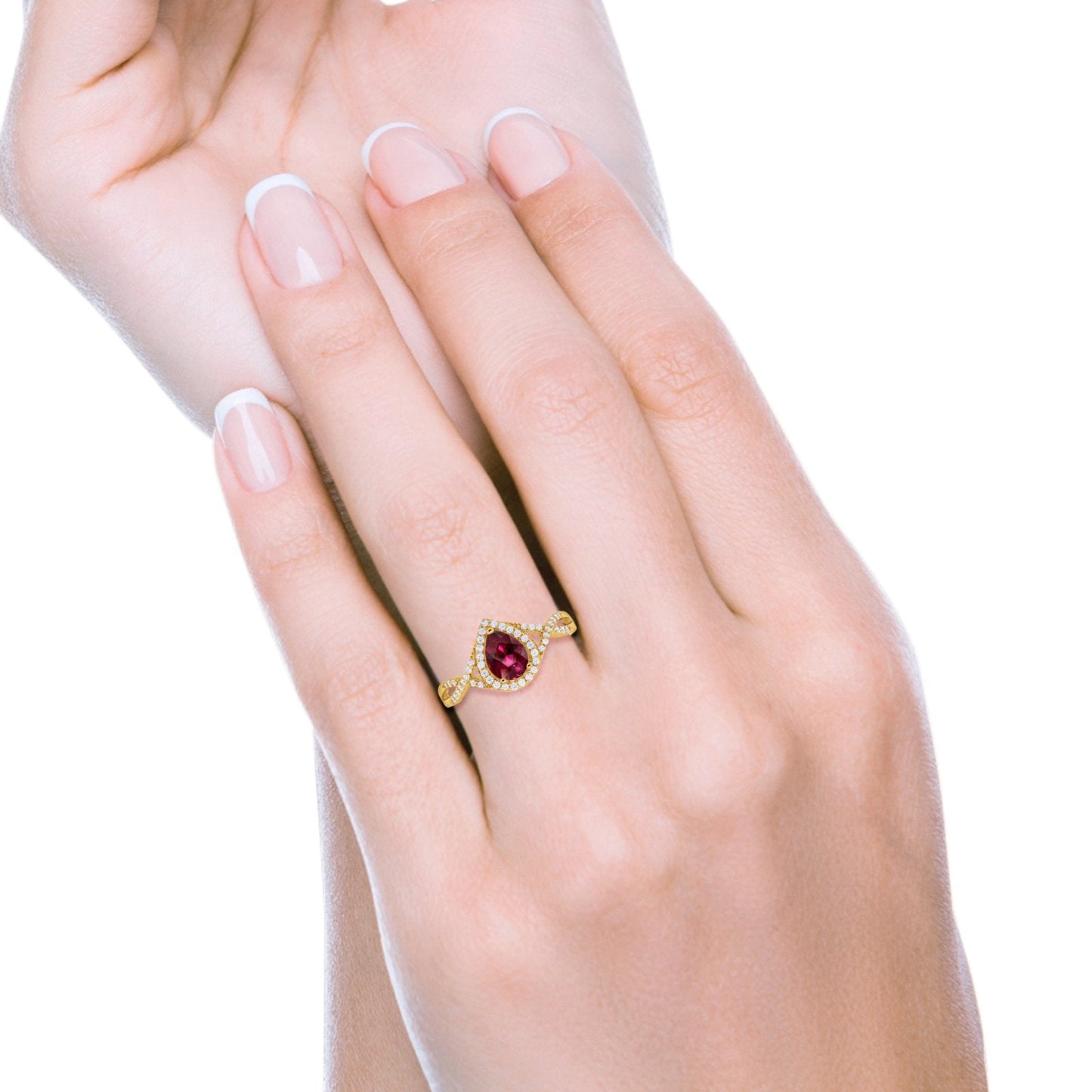 Teardrop Infinity Yellow Tone, Simulated Ruby CZ Wedding Ring