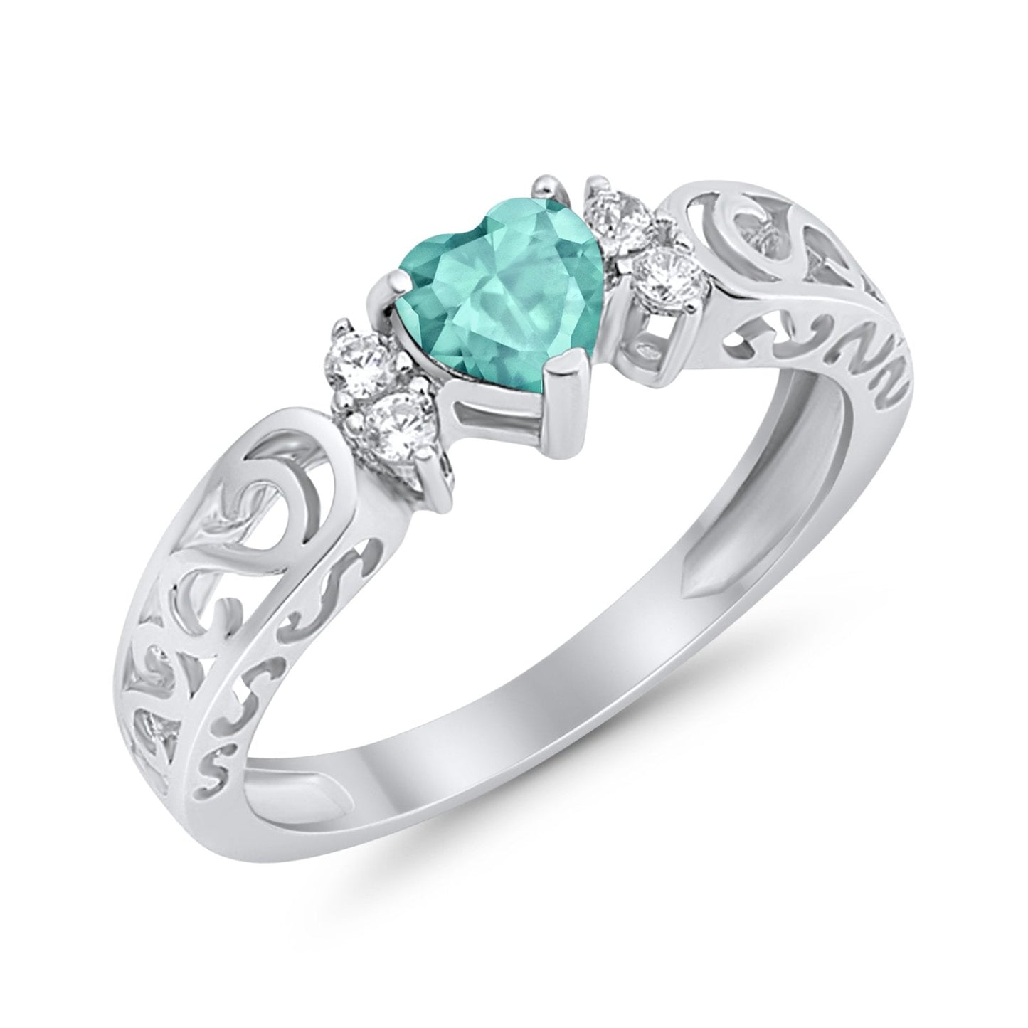 Filigree Heart Promise Wedding Ring Simulated Paraiba Tourmaline CZ