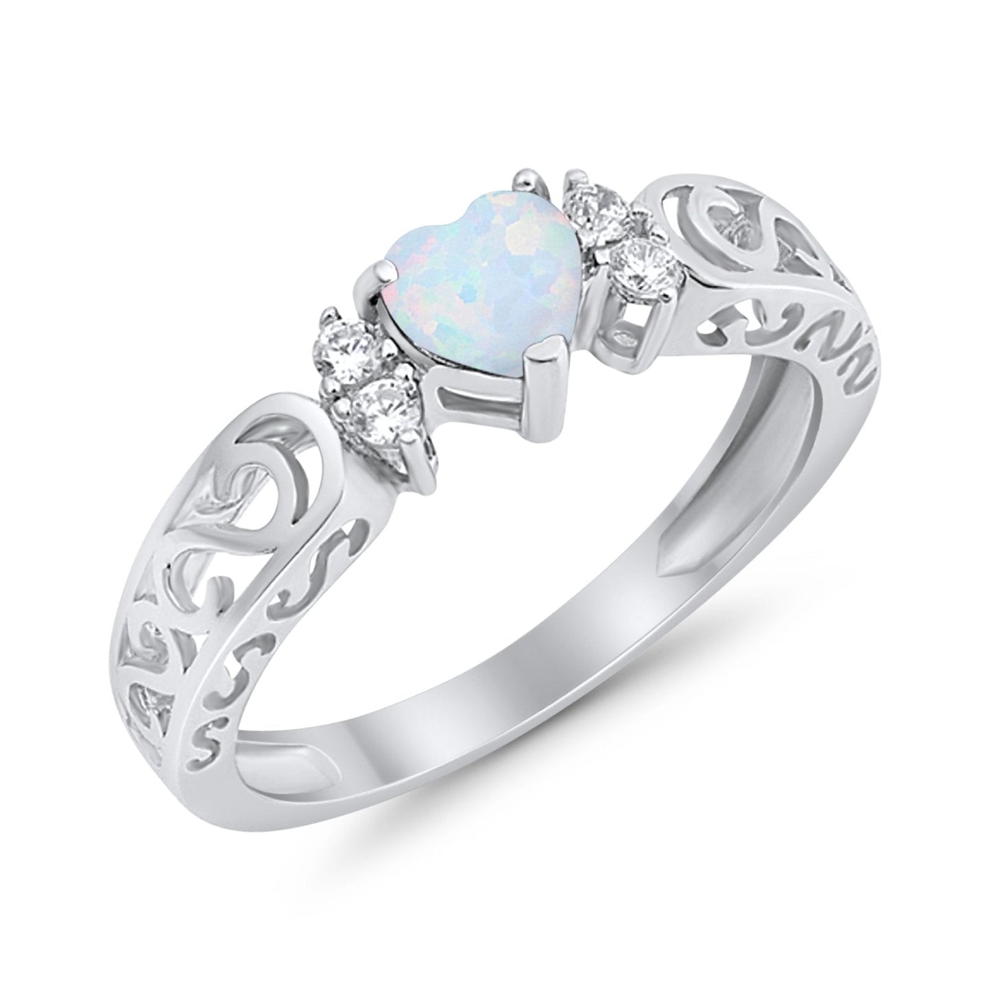 Filigree Heart Promise Wedding Ring Lab Created White Opal