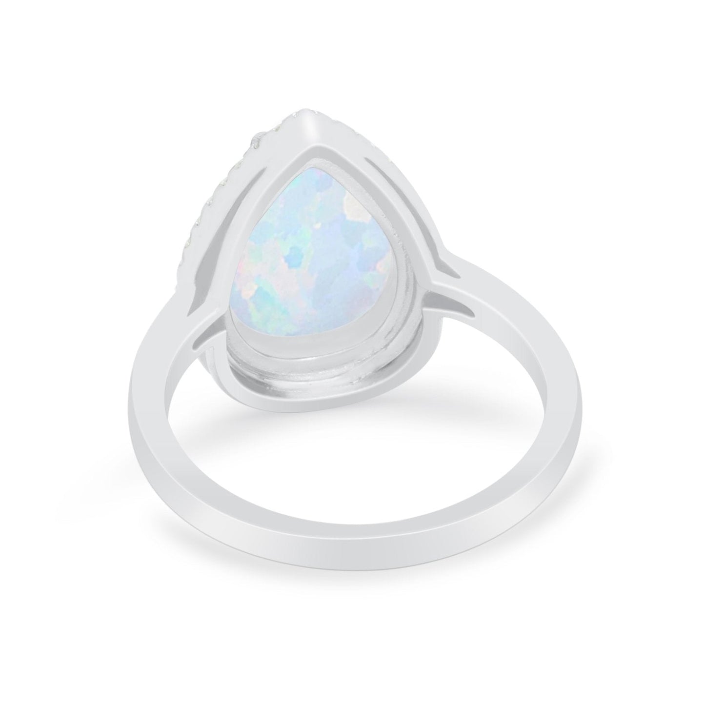 Halo Teardrop Pear Round Lab Created White Opal Wedding Ring