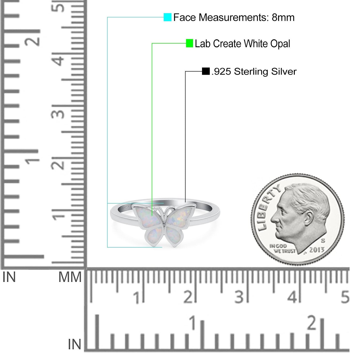 Butterfly Ring Band Lab Created White Opal (8mm)