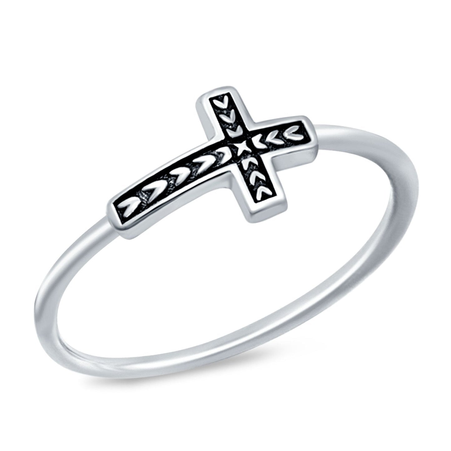 Textured Sideways Cross Band Petite Dainty Oxidized Plain Ring