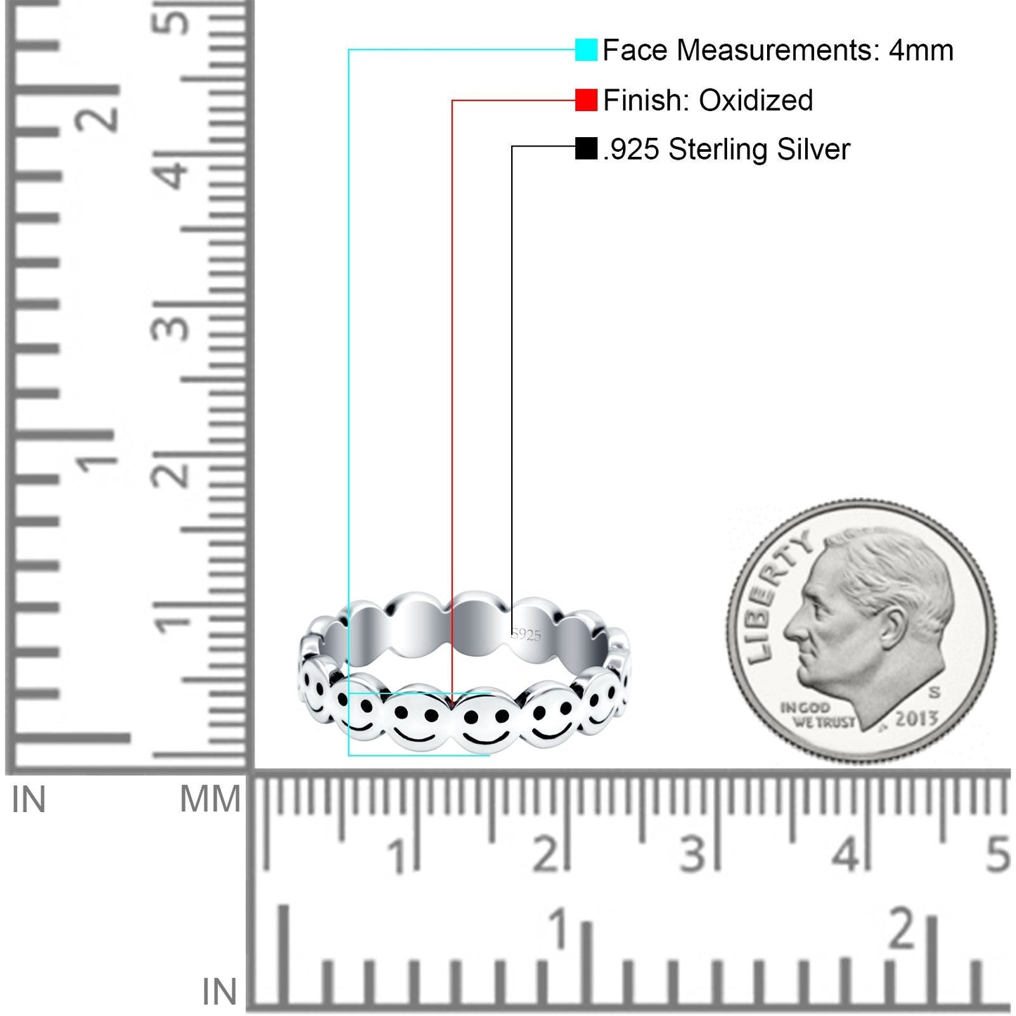 Happy Face Oxidized Band Thumb Ring (4mm)