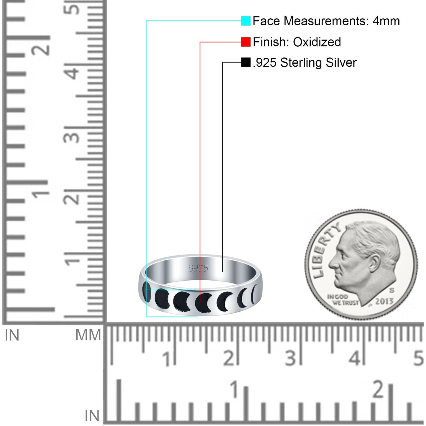 Moon Phases Band Oxidized Ring (4mm)