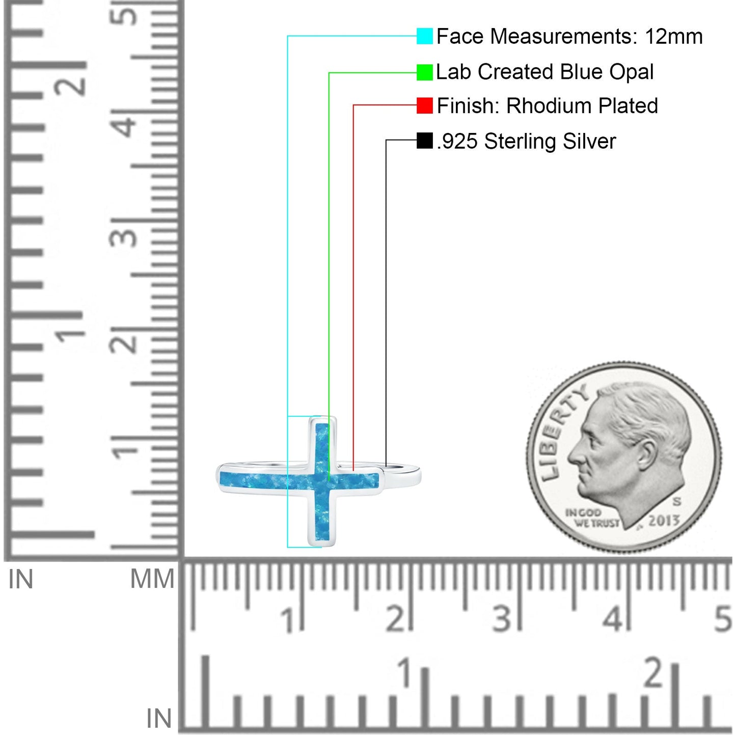 Sideways Cross Rhodium Plated Band Lab Created Blue Opal Ring