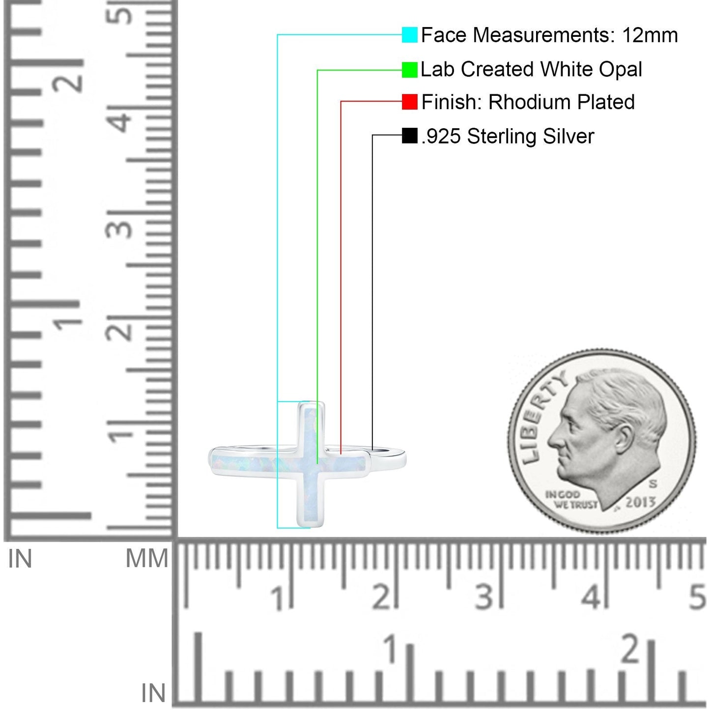 Sideways Cross Ring Rhodium Plated Band Lab Created White Opal (12mm)