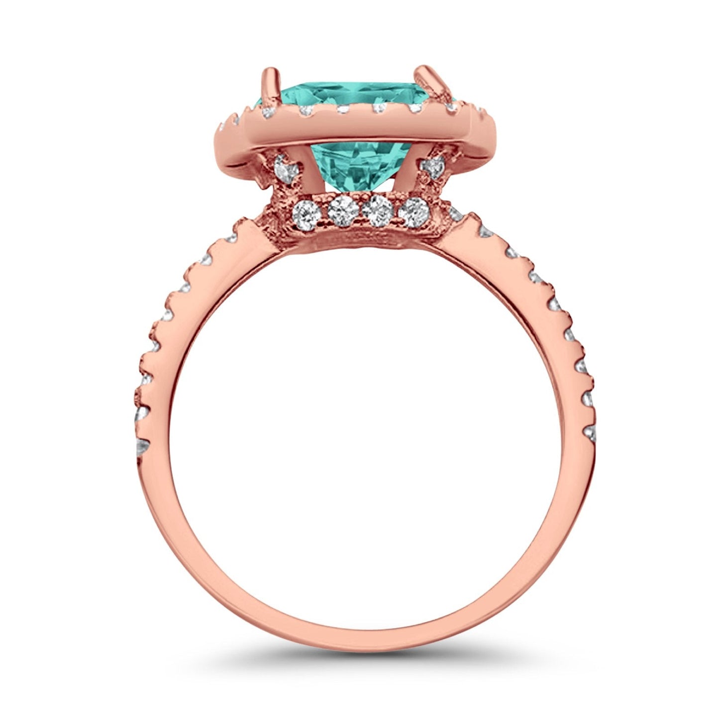 Halo Engagement Ring Accent Cushion Rose Tone, Simulated Paraiba Tourmaline CZ