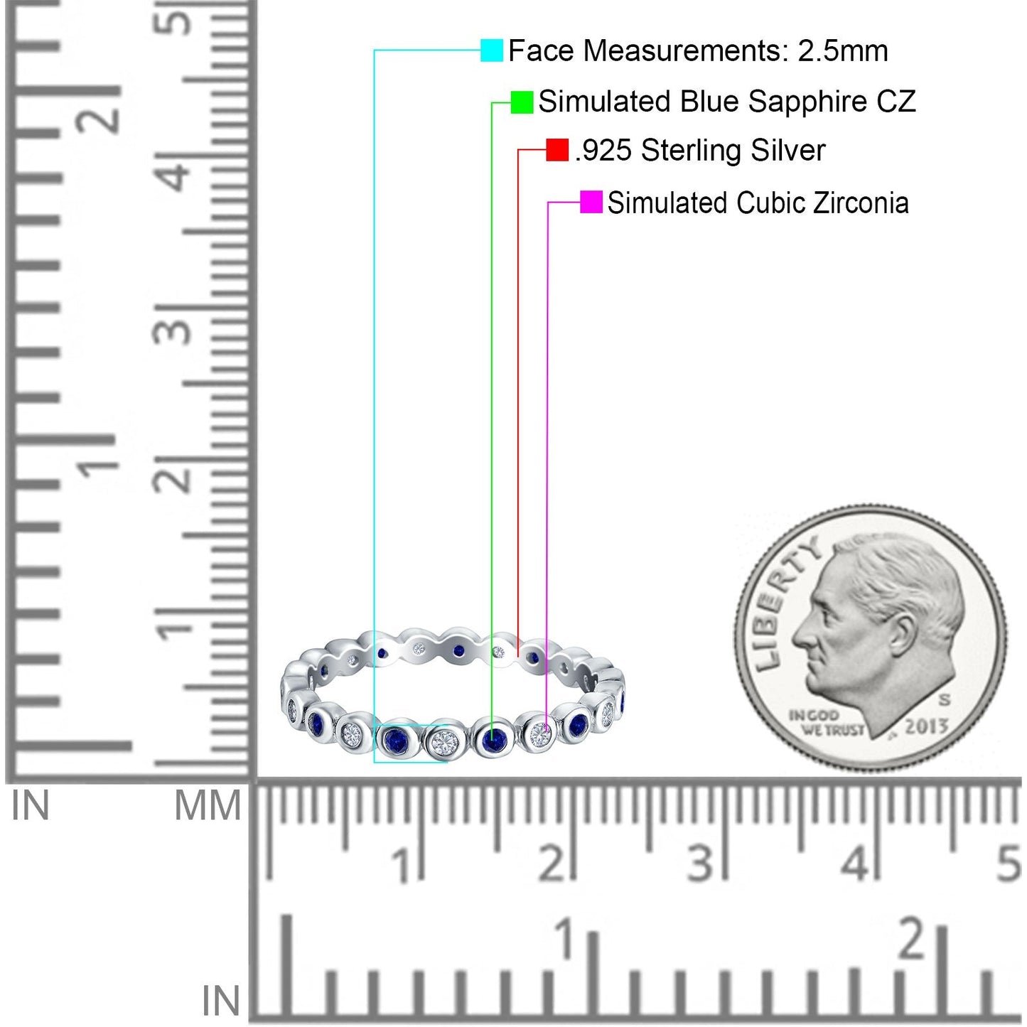 Full Eternity 2.5mm Round Blue Sapphire Cubic Zirconia Wedding Stackable  Band Ring